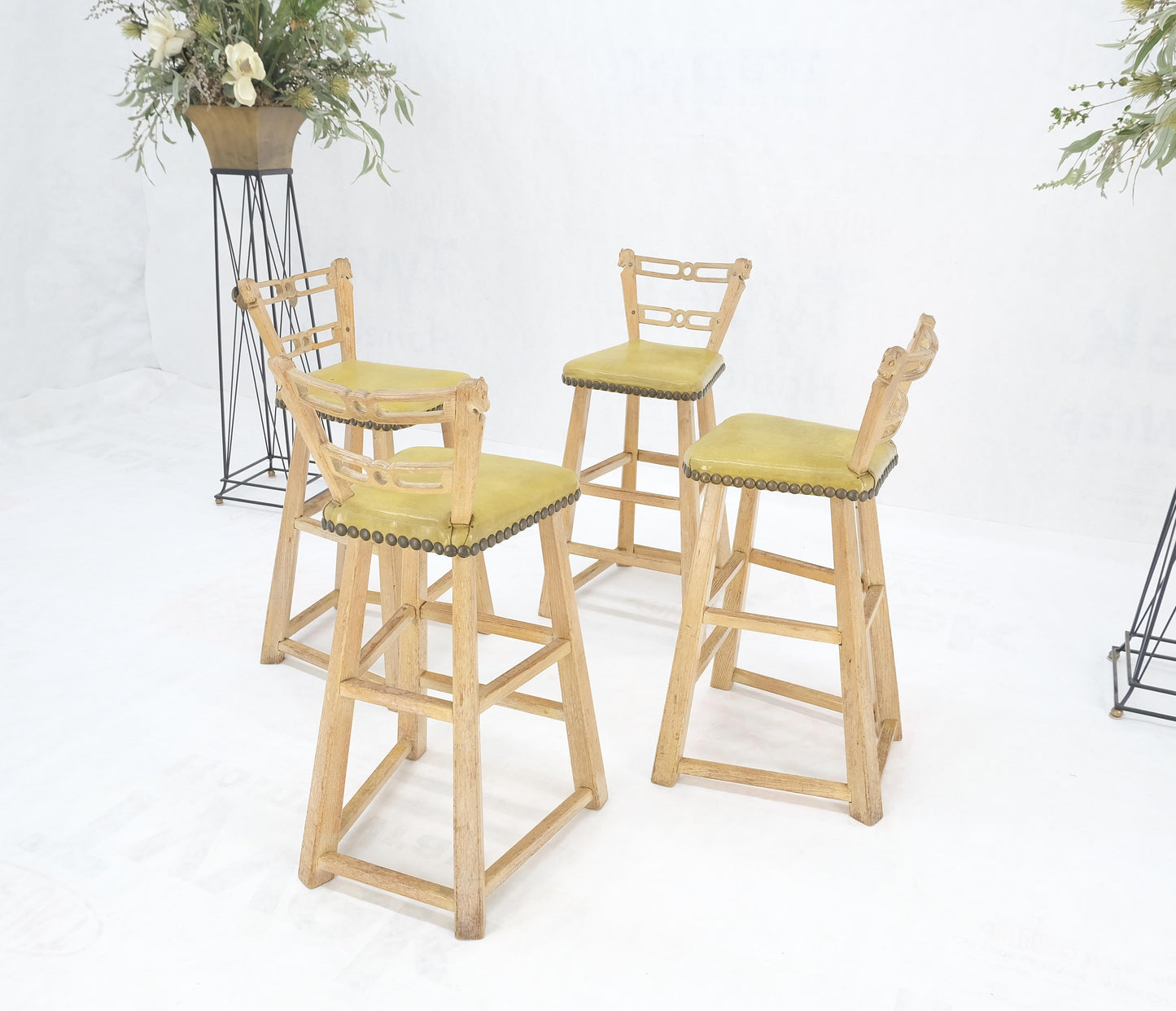 EstablishedLines Set of 4 Arts & Crafts Style Horse Head Carving Motif Bar Stools Chairs