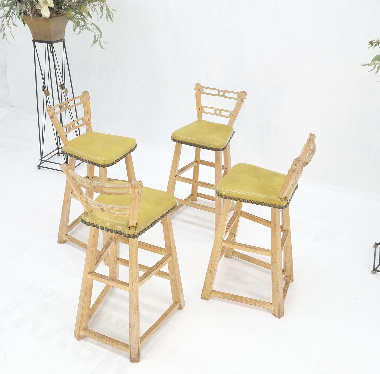 EstablishedLines Set of 4 Arts & Crafts Style Horse Head Carving Motif Bar Stools Chairs