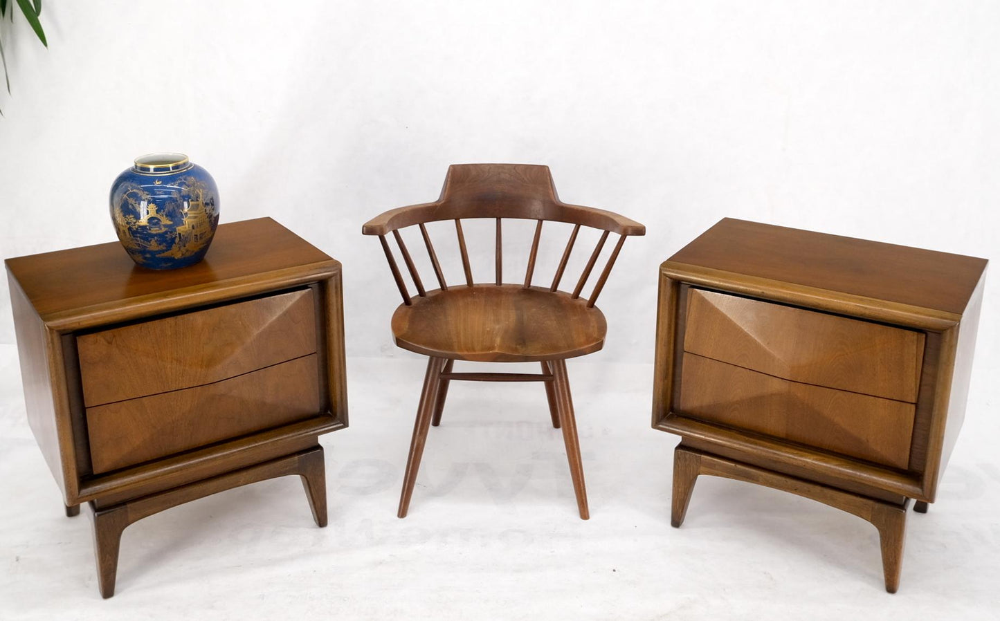 EstablishedLines Pair Mid-Century Modern Dimond Front Drawers End Tables Nightstands Stands