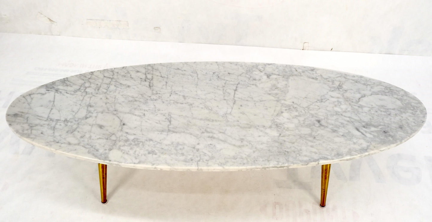 EstablishedLines White Oval Carrara Marble Top Italian Mid-Century Modern Coffee Table Brass Legs