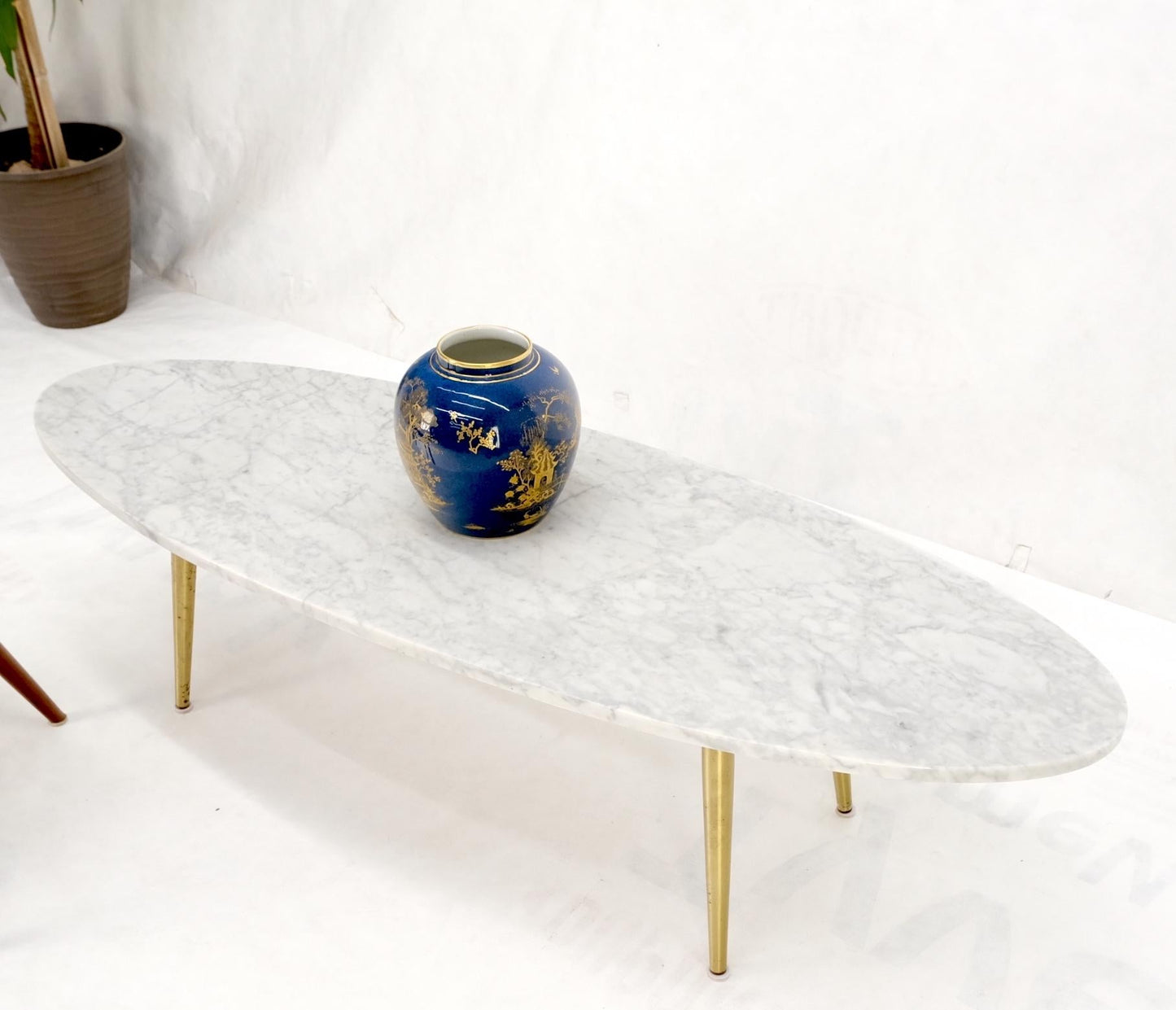 EstablishedLines White Oval Carrara Marble Top Italian Mid-Century Modern Coffee Table Brass Legs