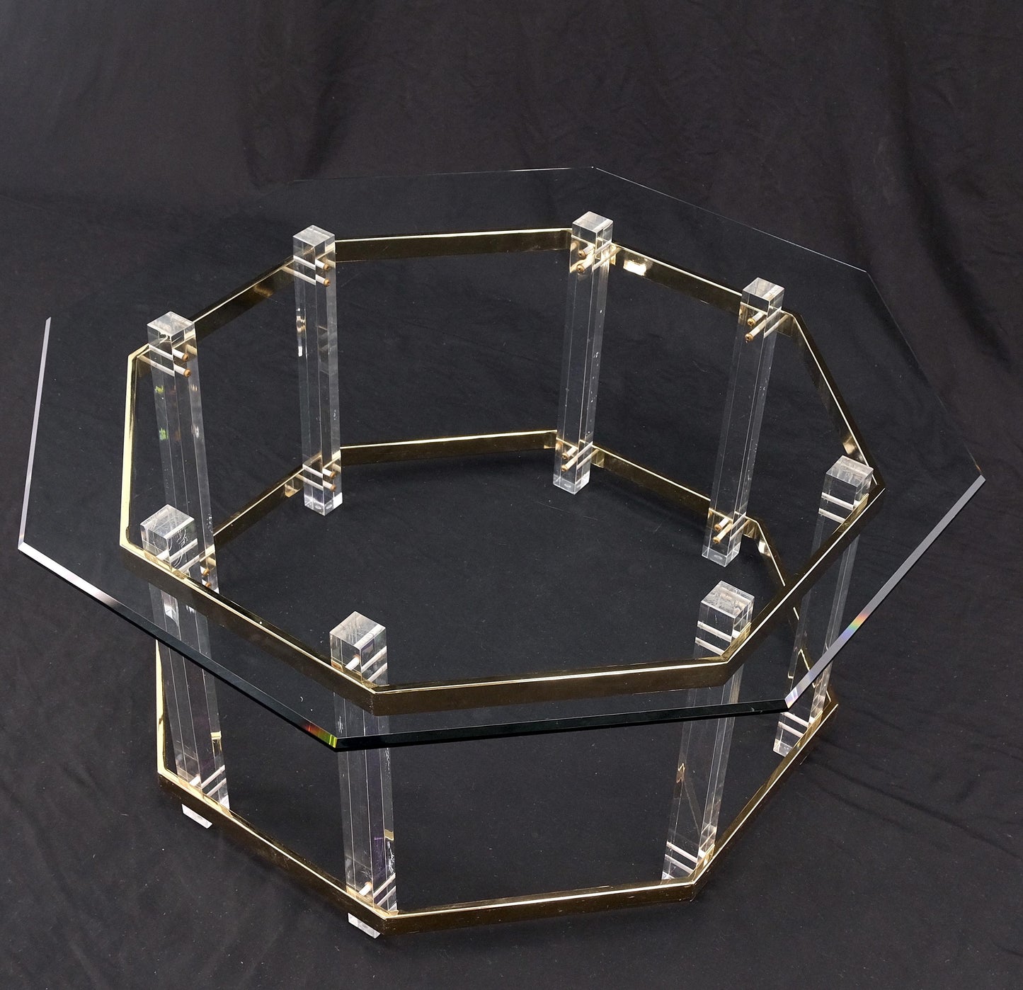 EstablishedLines Octagonal Lucite Base Glass Top Mid-Century Modern Round Coffee Table Mint