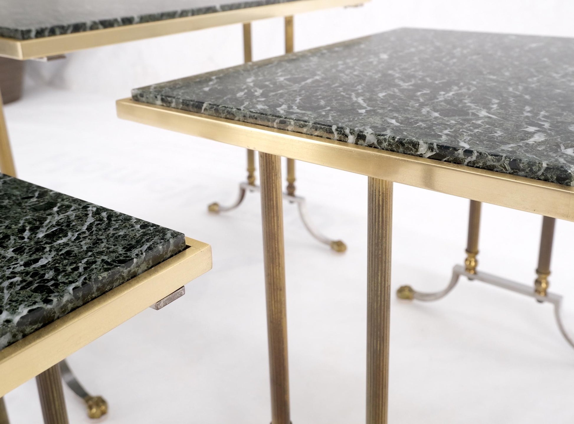 EstablishedLines Set of 3 Very Fine Metal Work Brass Chrome Marble Top Nesting Side End Tables