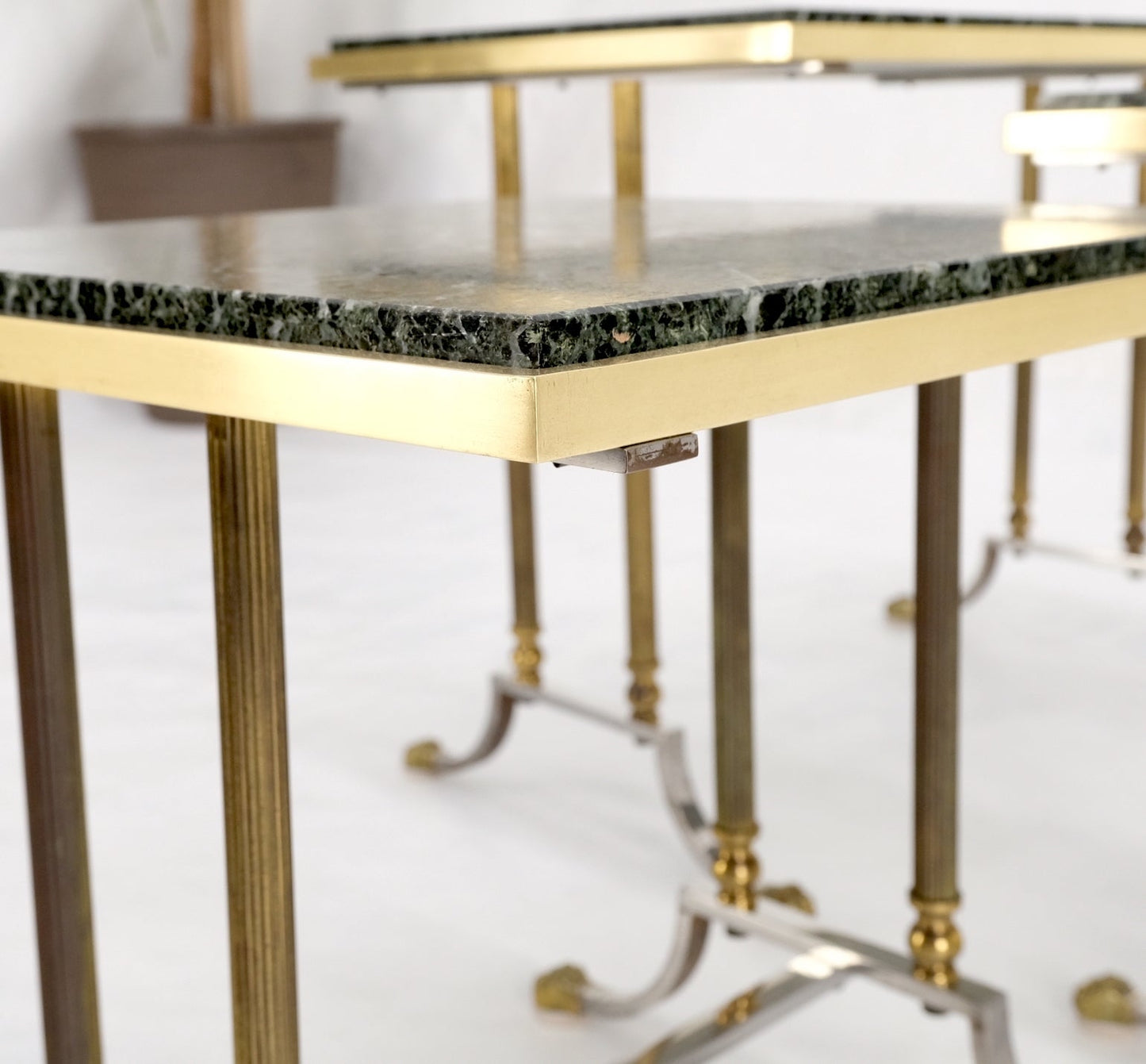 EstablishedLines Set of 3 Very Fine Metal Work Brass Chrome Marble Top Nesting Side End Tables