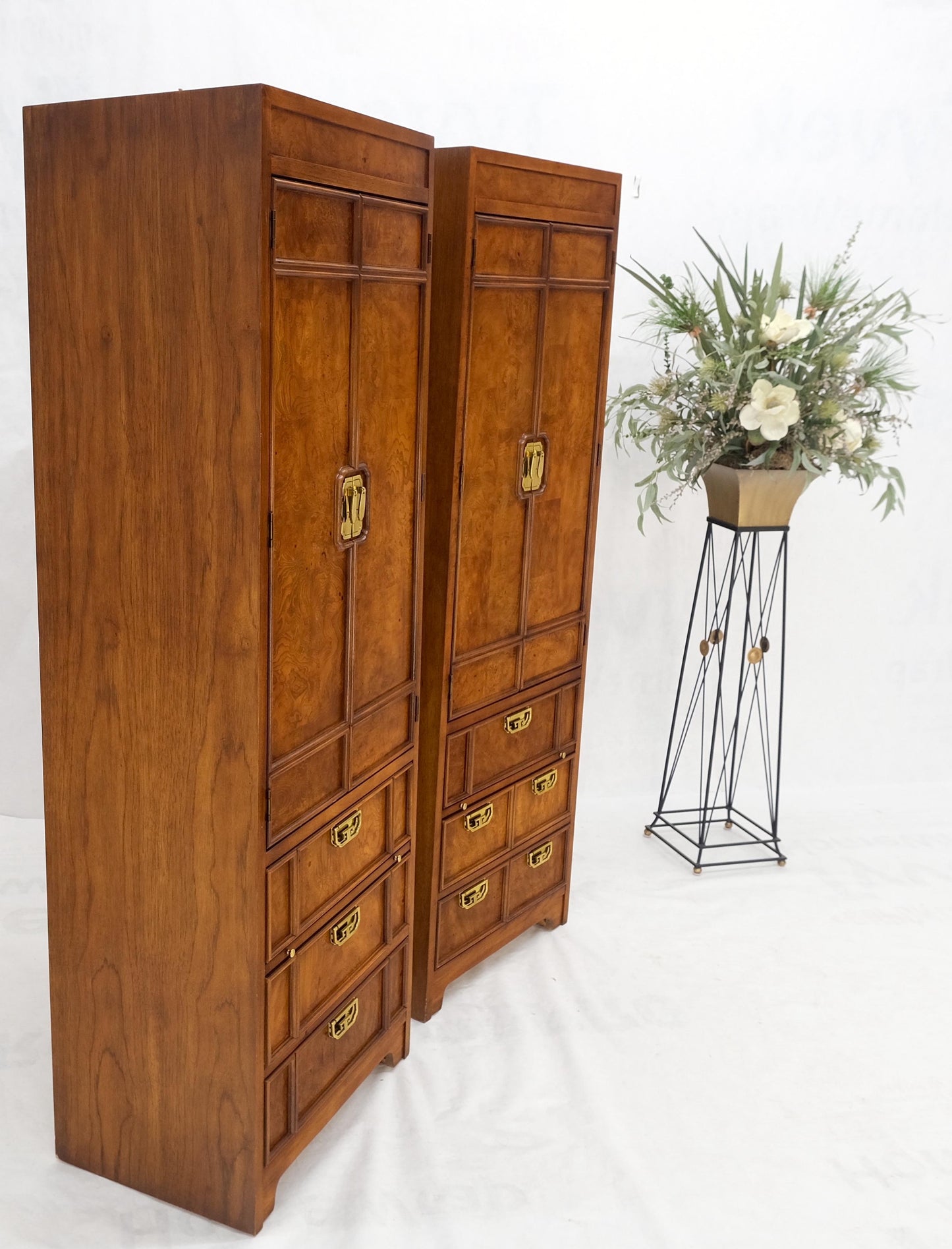 Thomasville Tall Tower Shape Highboy Dressers W/ Drawer Compartment Burl Wood