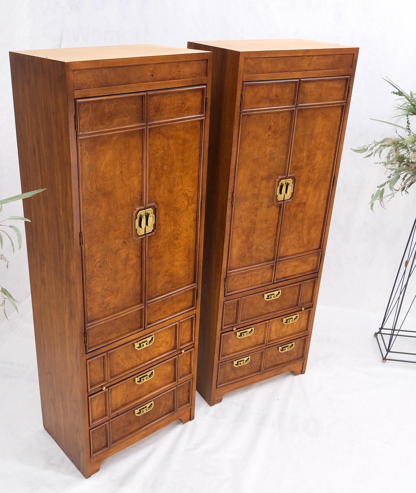 Thomasville Tall Tower Shape Highboy Dressers W/ Drawer Compartment Burl Wood