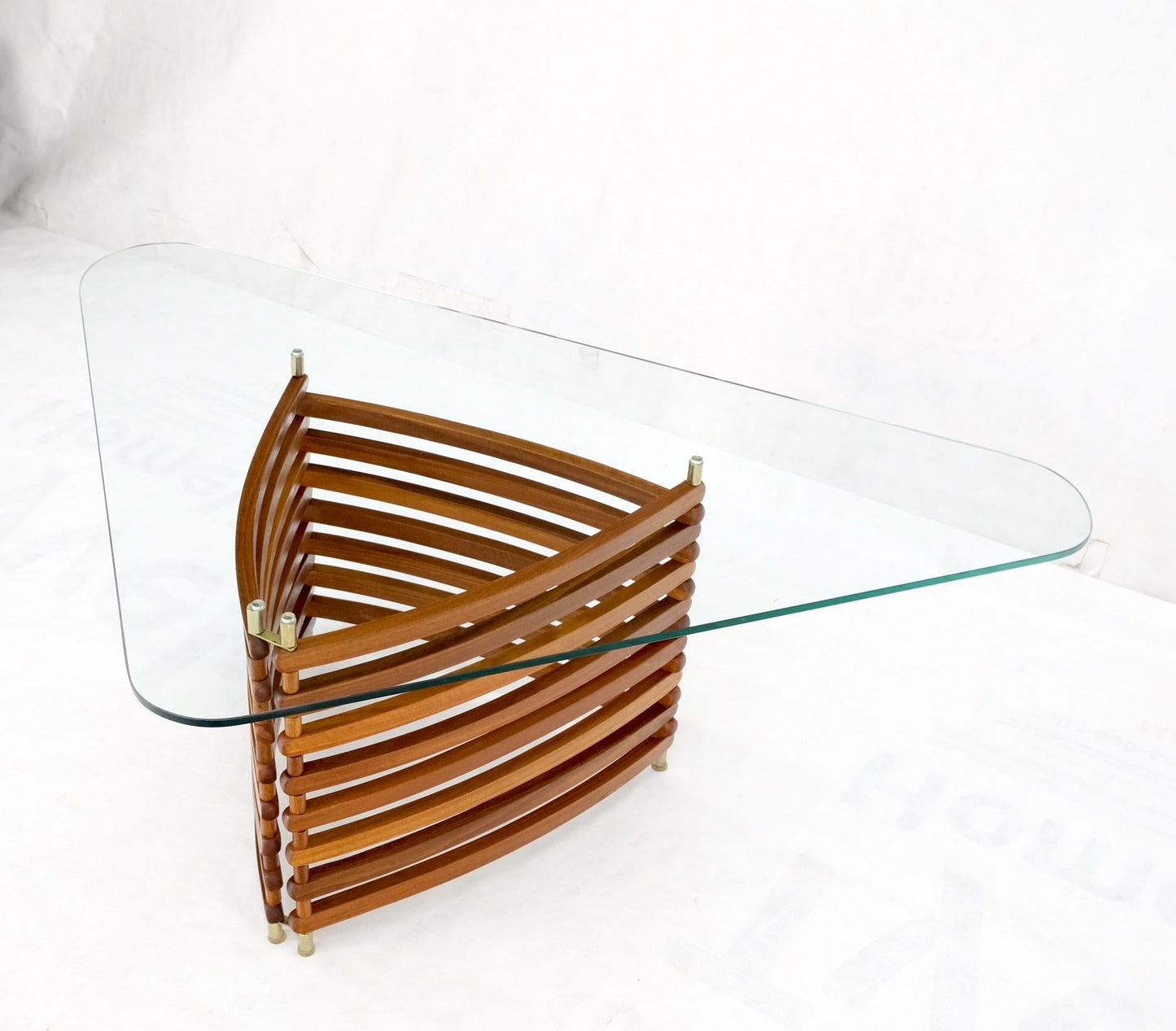 EstablishedLines Danish Mid-Century Modern Teak Slats Triangular Base Glass Top Coffee Table Mint