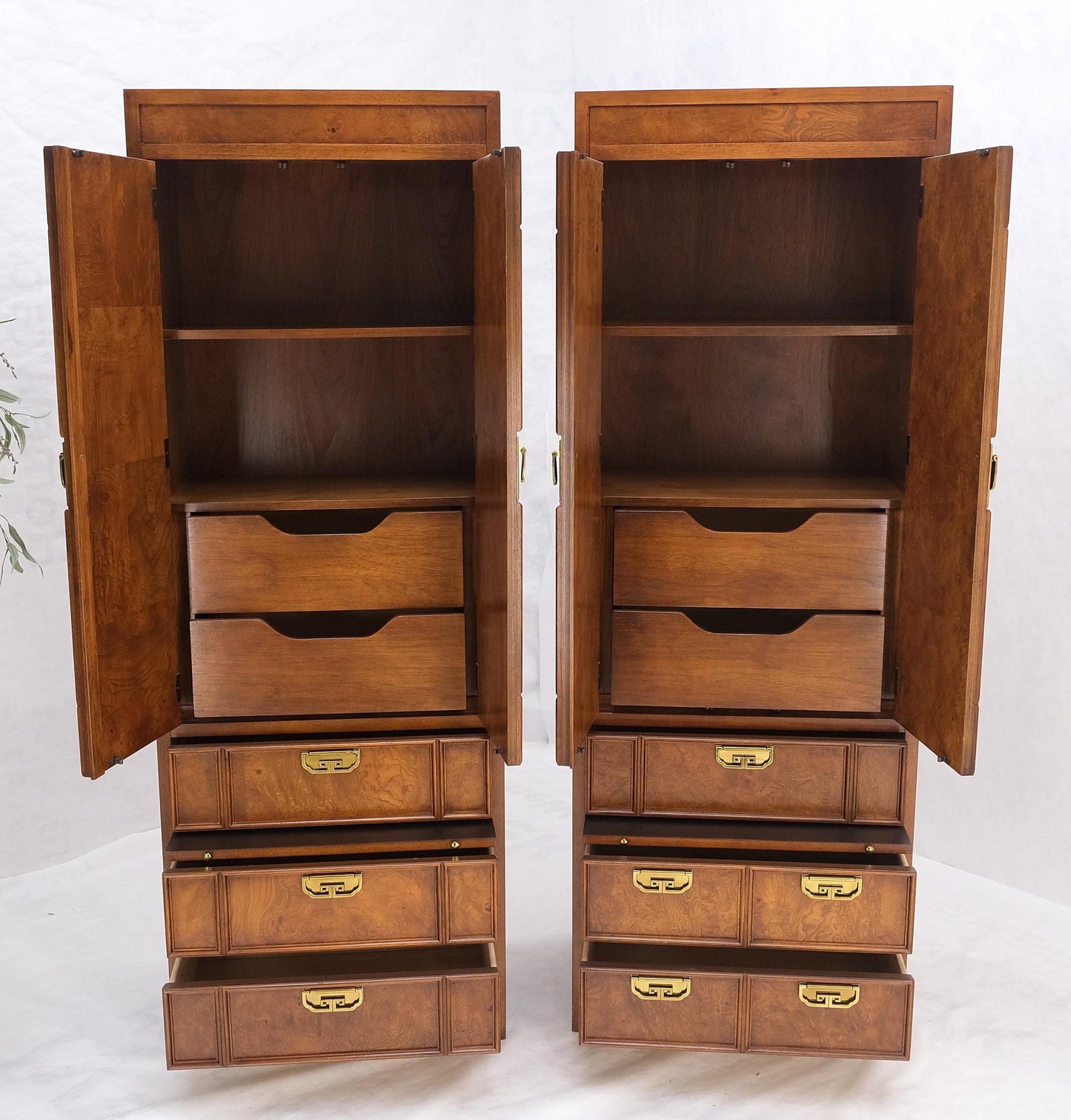 Thomasville Tall Tower Shape Highboy Dressers W/ Drawer Compartment Burl Wood