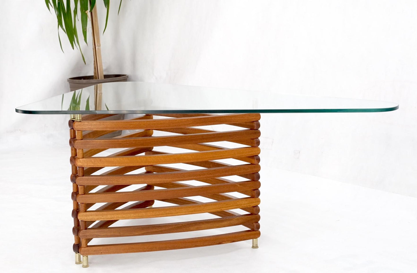 EstablishedLines Danish Mid-Century Modern Teak Slats Triangular Base Glass Top Coffee Table Mint