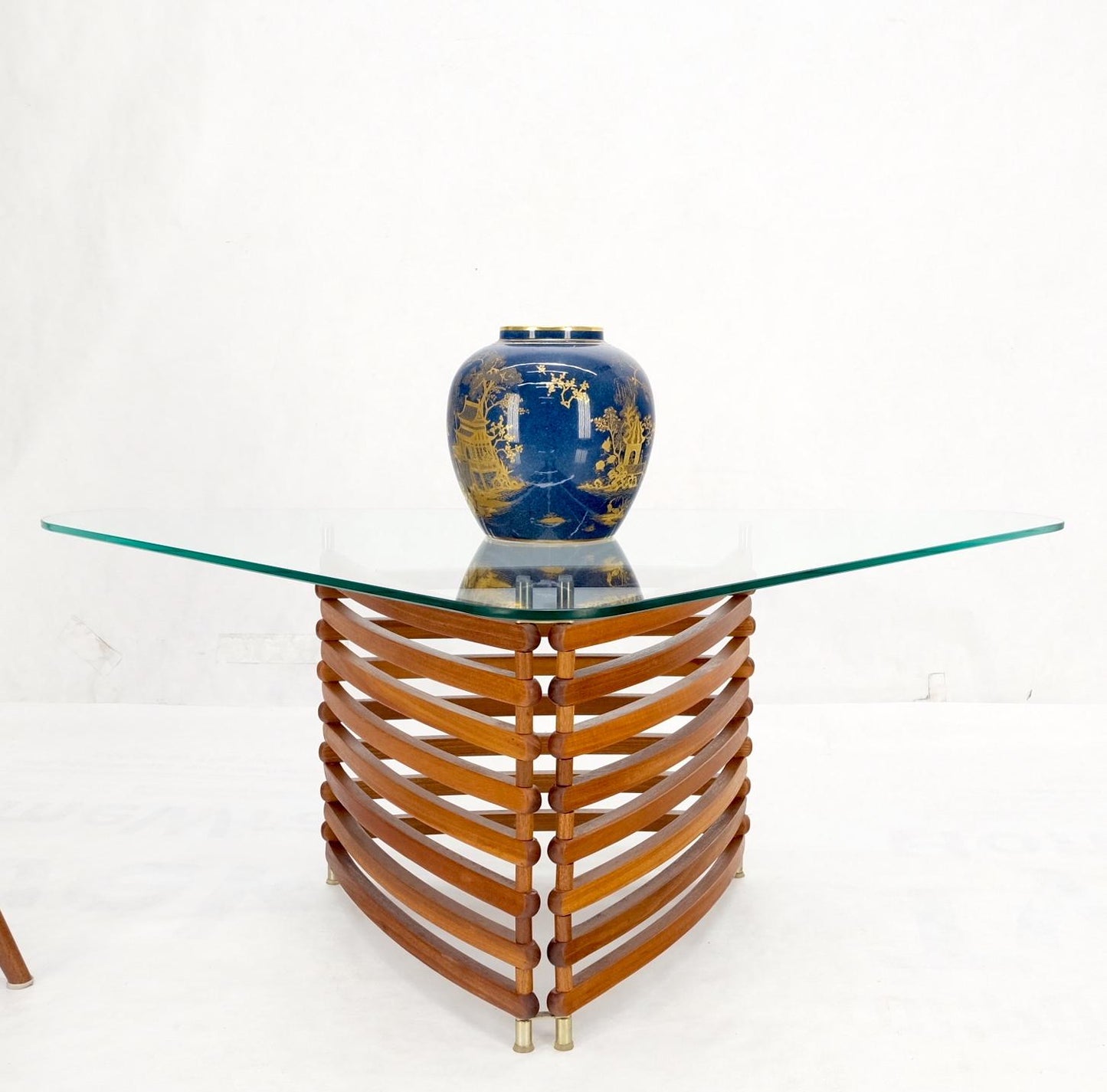 EstablishedLines Danish Mid-Century Modern Teak Slats Triangular Base Glass Top Coffee Table Mint