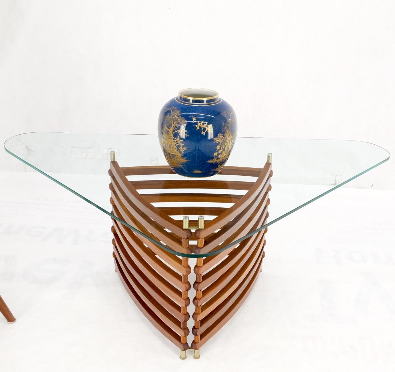 EstablishedLines Danish Mid-Century Modern Teak Slats Triangular Base Glass Top Coffee Table Mint
