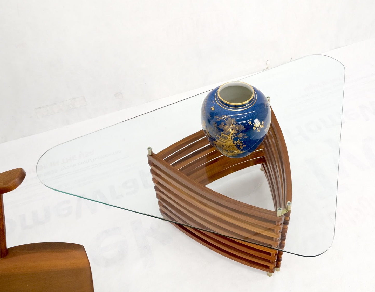 EstablishedLines Danish Mid-Century Modern Teak Slats Triangular Base Glass Top Coffee Table Mint