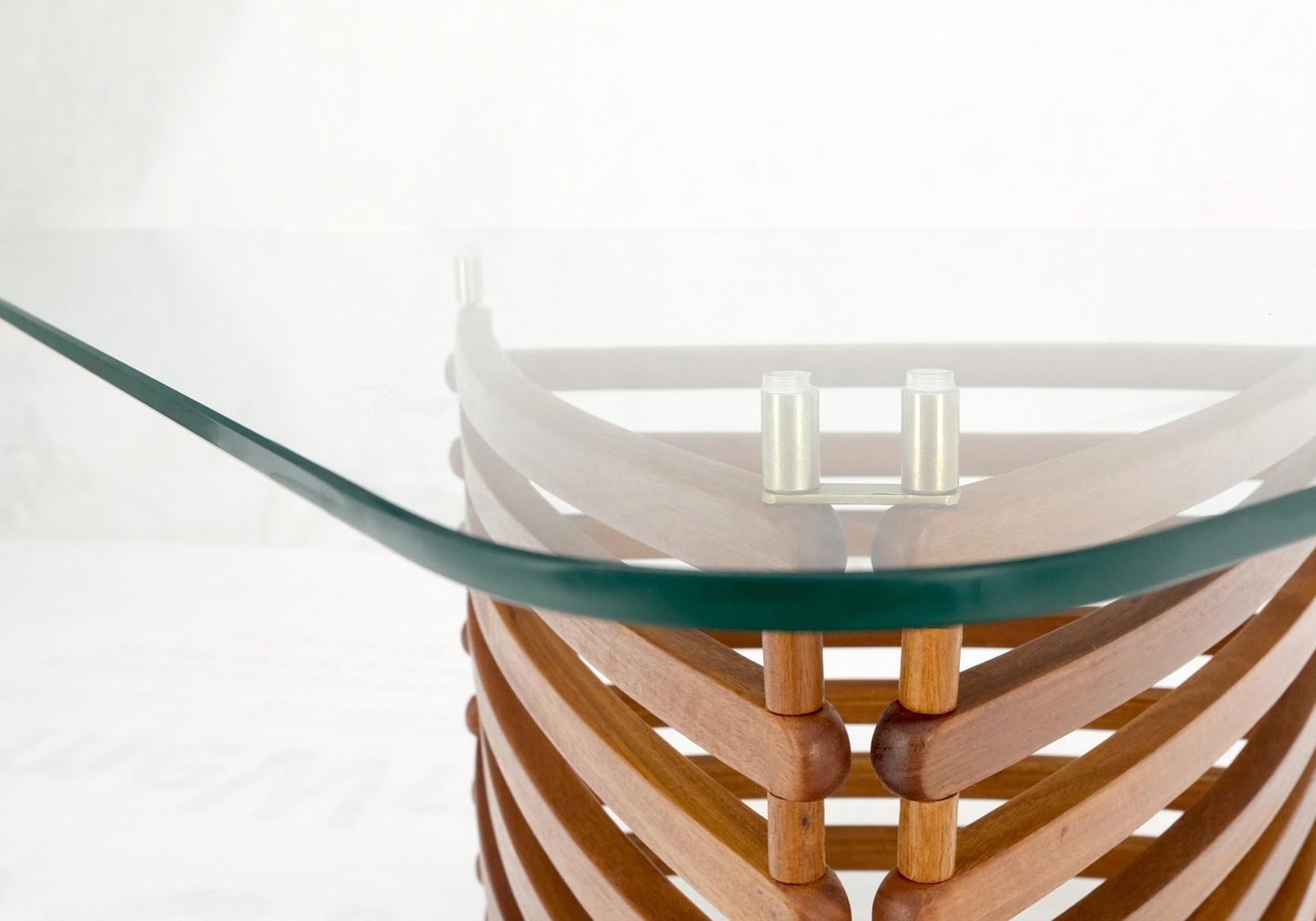 EstablishedLines Danish Mid-Century Modern Teak Slats Triangular Base Glass Top Coffee Table Mint
