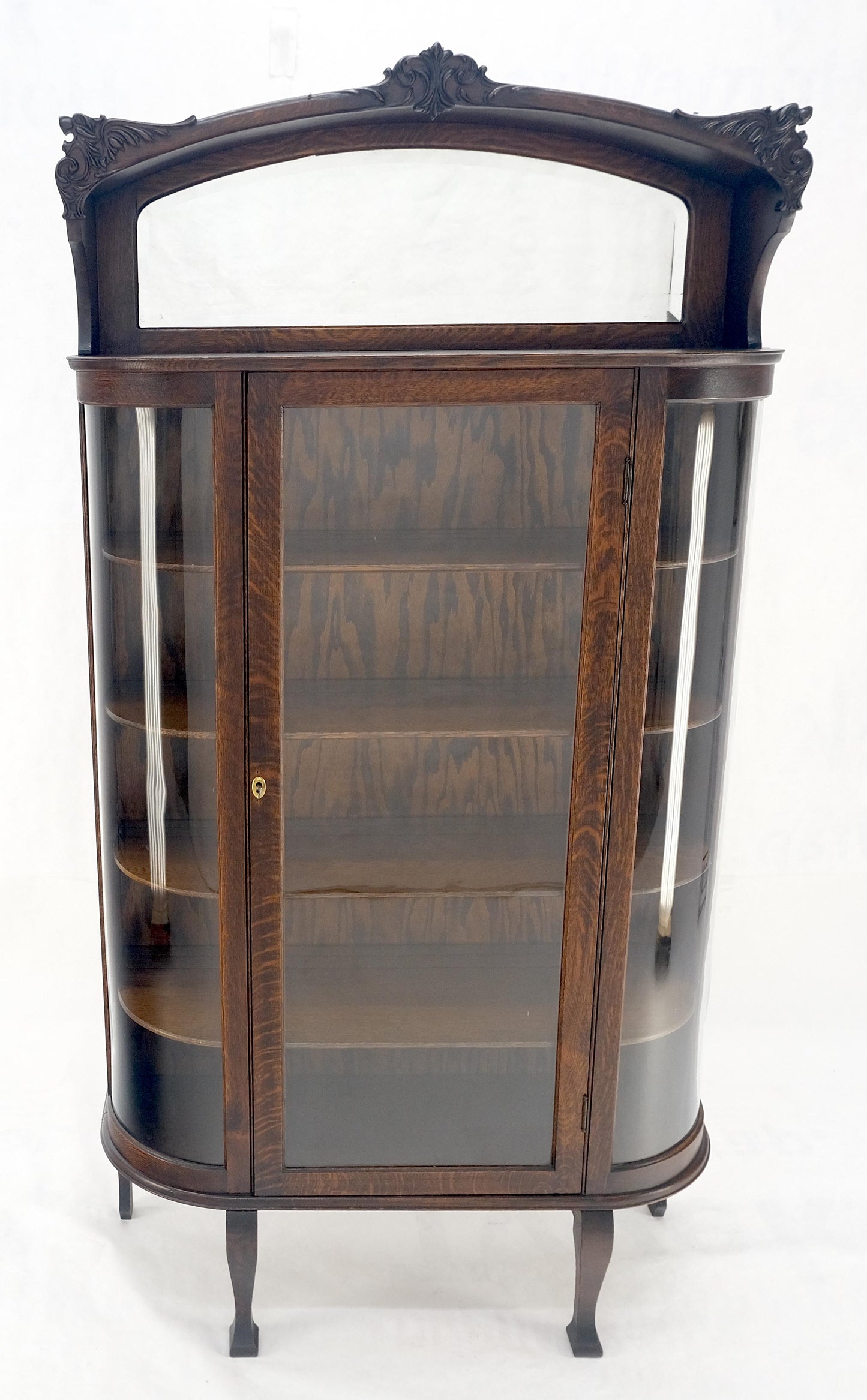 Carved Oak Mirrored Gallery Top Curved Glass Display Curio Showcase Cabinet
