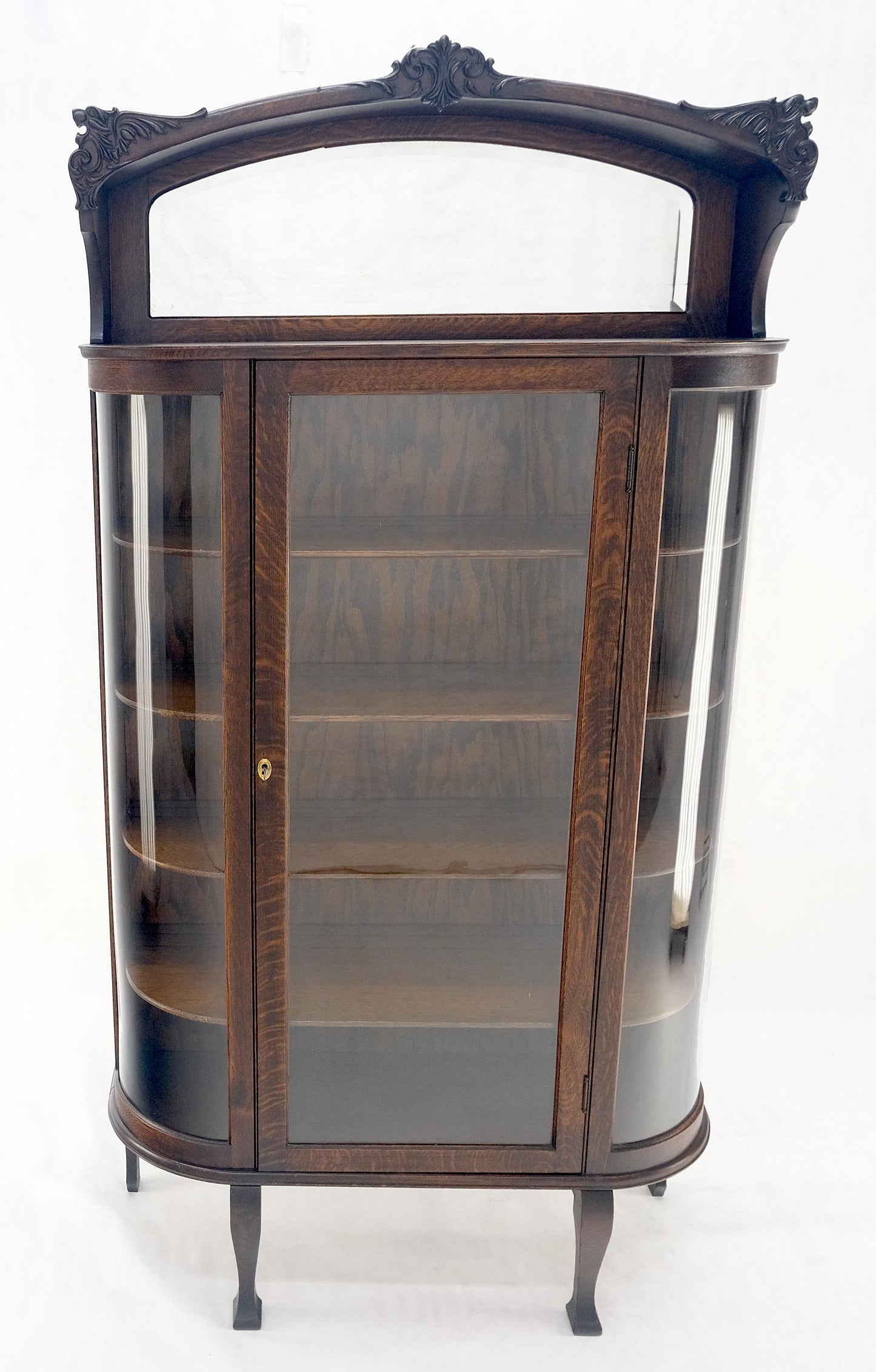 Carved Oak Mirrored Gallery Top Curved Glass Display Curio Showcase Cabinet