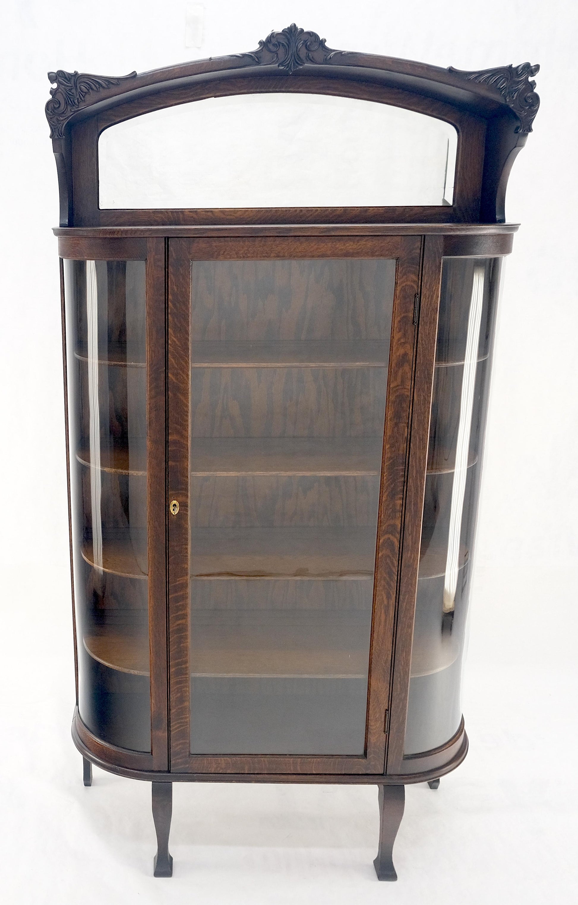 EstablishedLines Carved Oak Mirrored Gallery Top Curved Glass Display Curio Showcase Cabinet