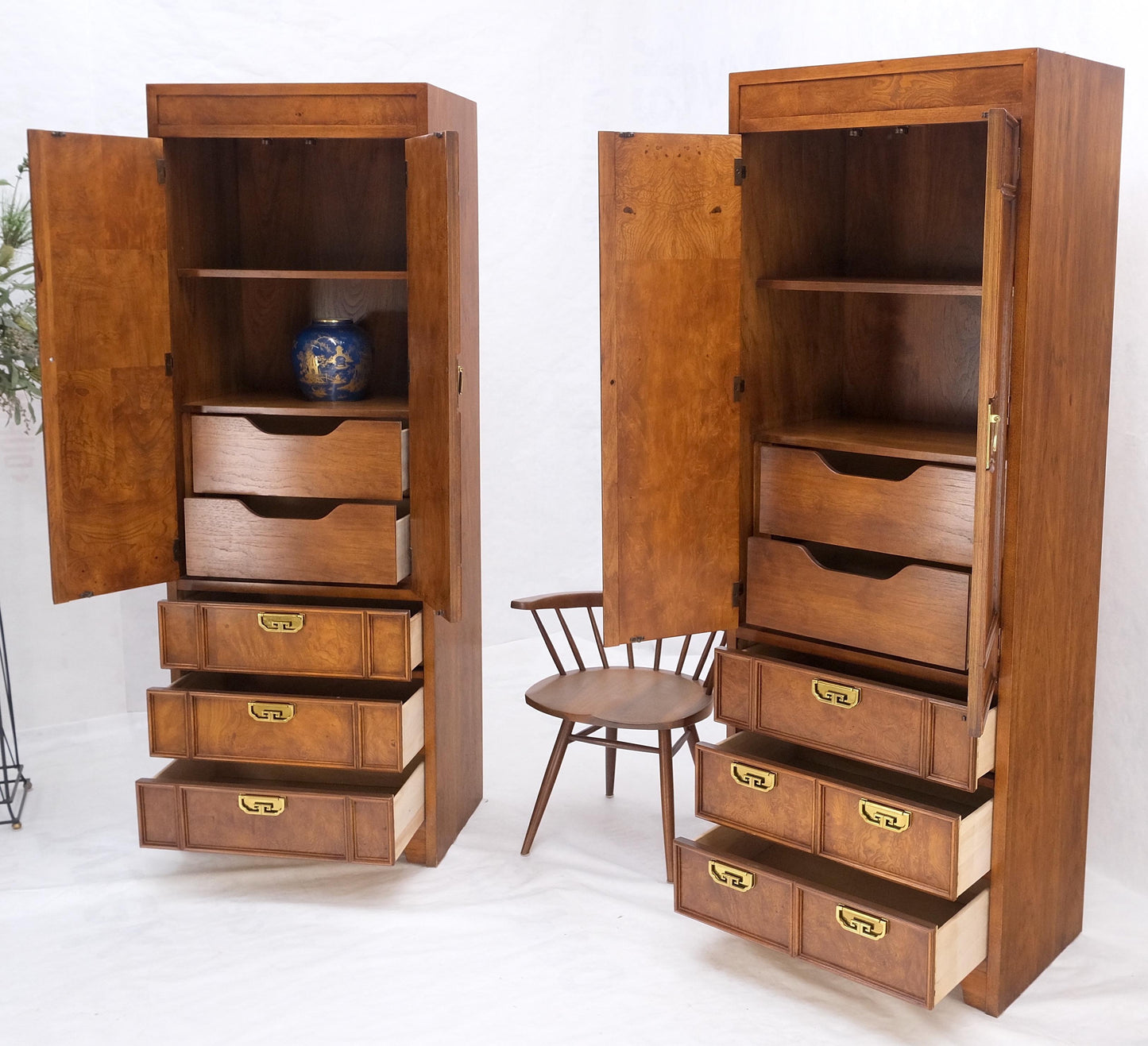 Thomasville Tall Tower Shape Highboy Dressers W/ Drawer Compartment Burl Wood