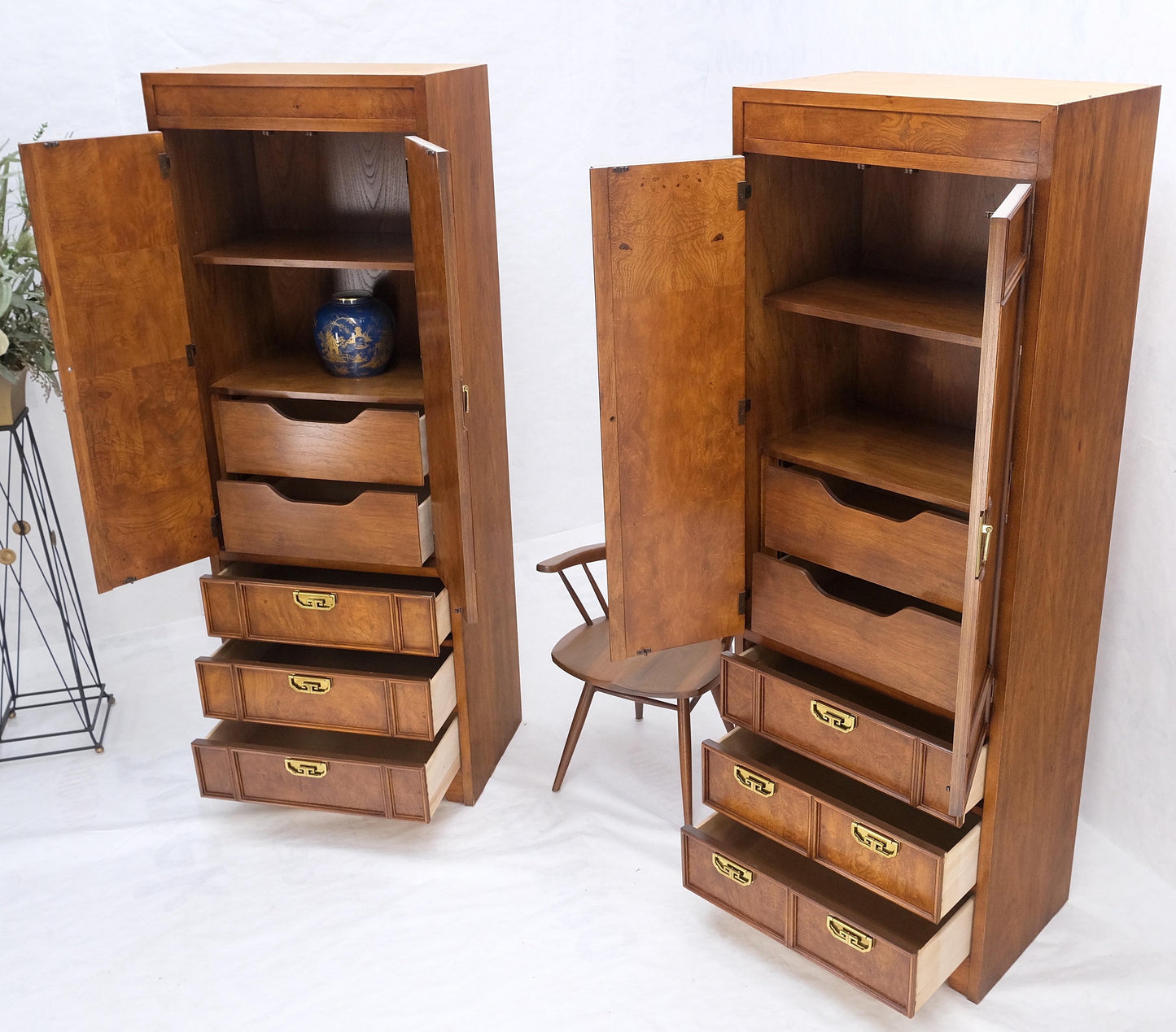 Thomasville Tall Tower Shape Highboy Dressers W/ Drawer Compartment Burl Wood