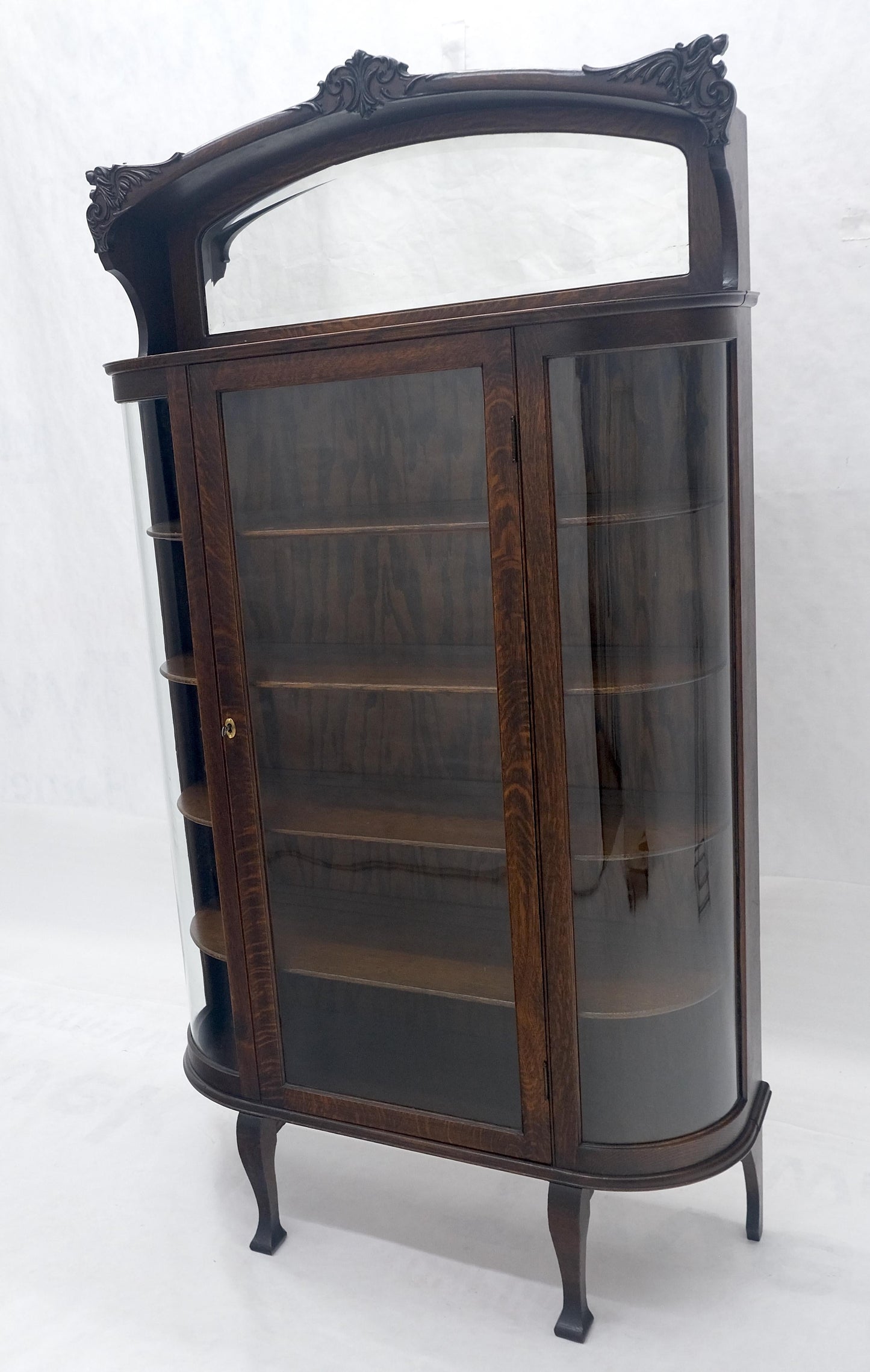 Carved Oak Mirrored Gallery Top Curved Glass Display Curio Showcase Cabinet