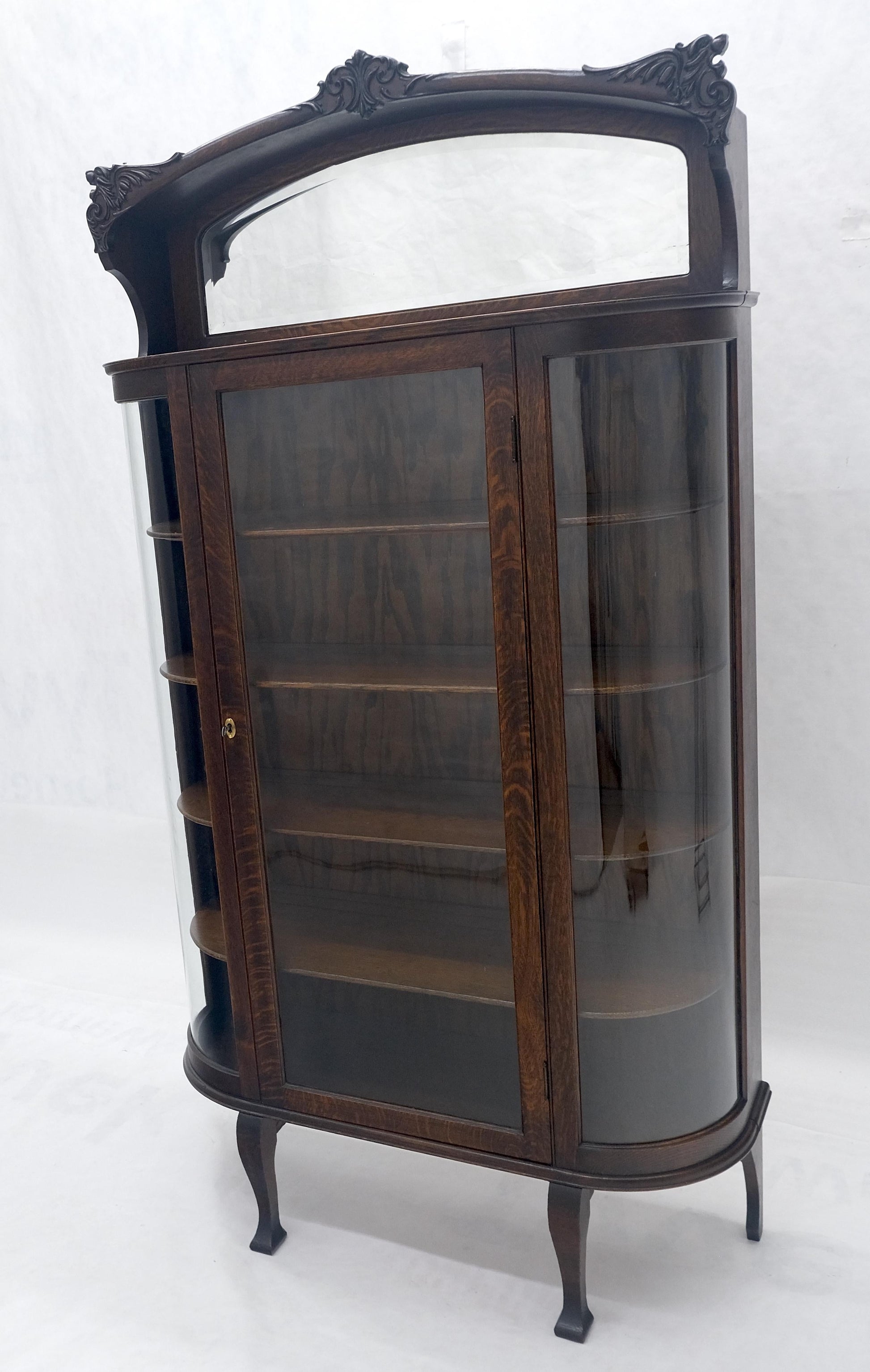 EstablishedLines Carved Oak Mirrored Gallery Top Curved Glass Display Curio Showcase Cabinet