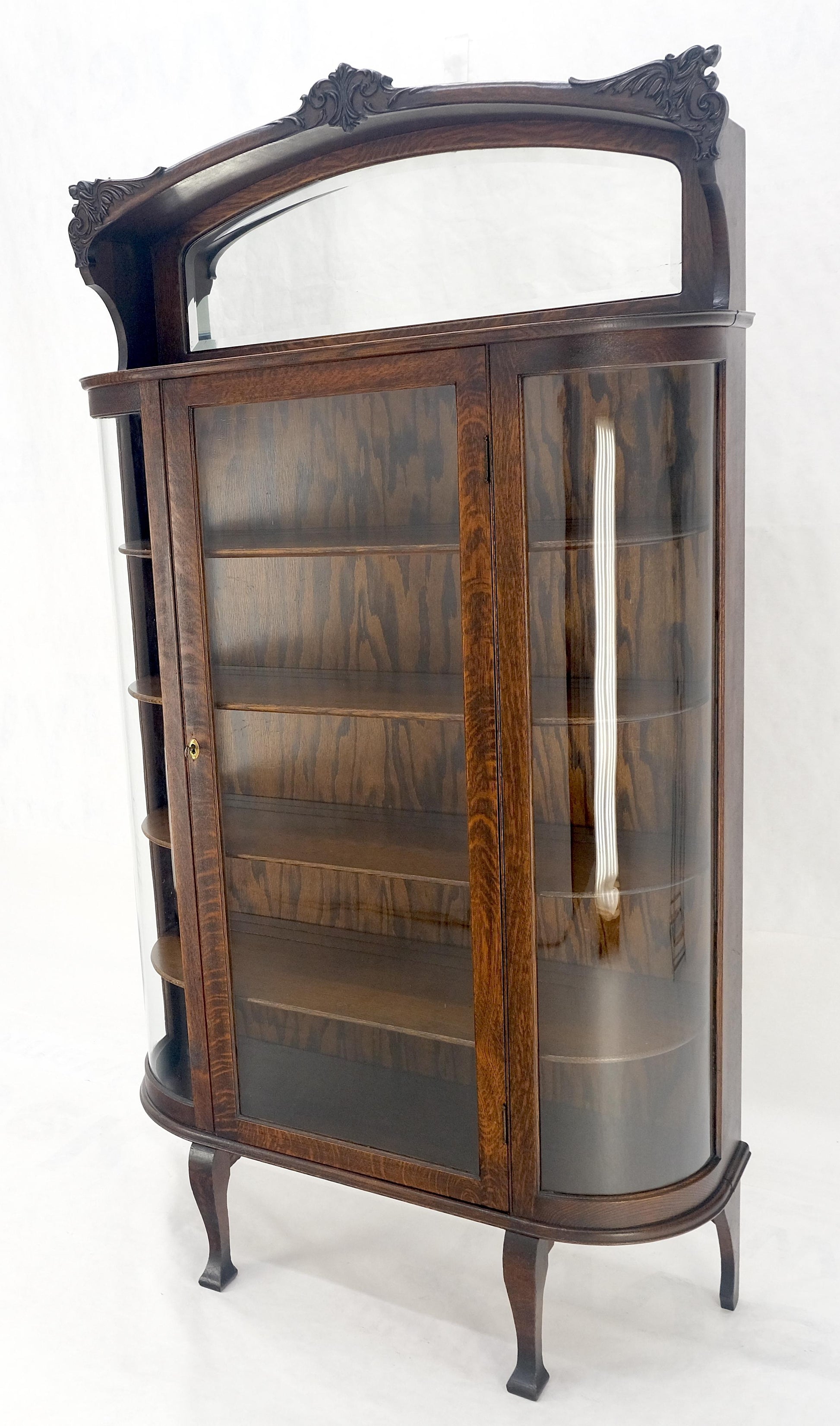 EstablishedLines Carved Oak Mirrored Gallery Top Curved Glass Display Curio Showcase Cabinet
