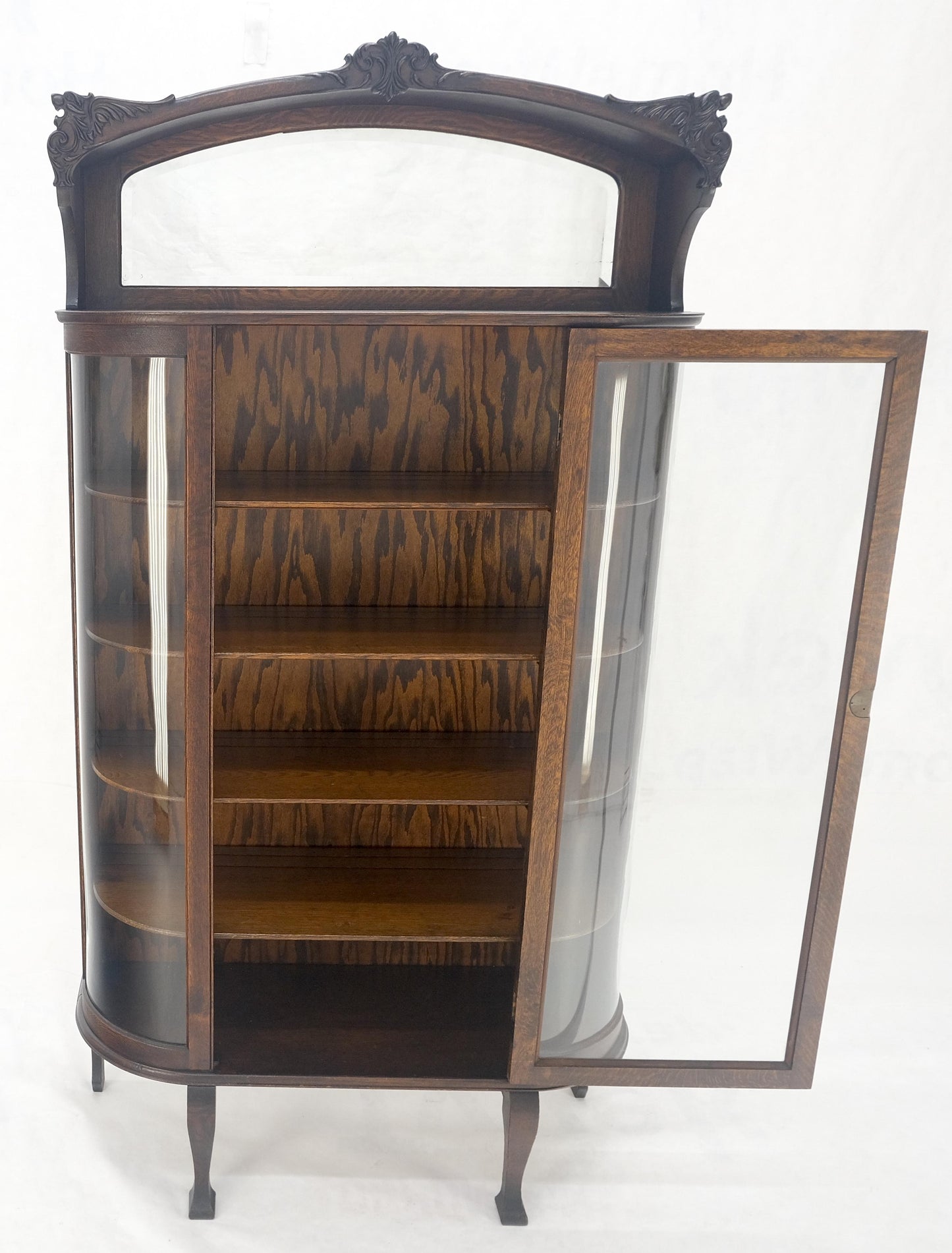 EstablishedLines Carved Oak Mirrored Gallery Top Curved Glass Display Curio Showcase Cabinet