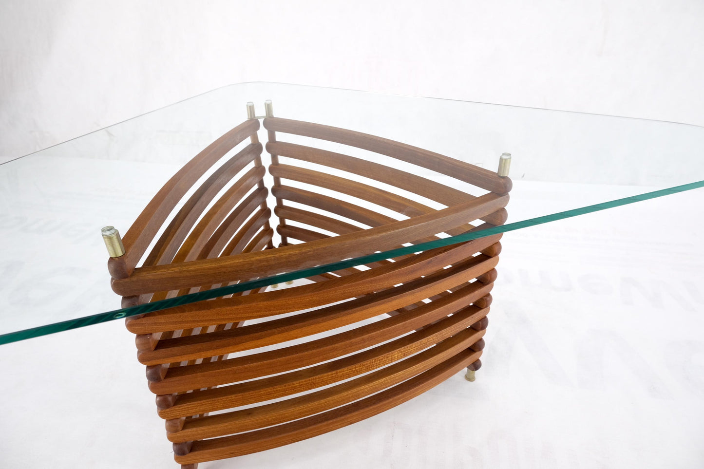 EstablishedLines Danish Mid-Century Modern Teak Slats Triangular Base Glass Top Coffee Table Mint
