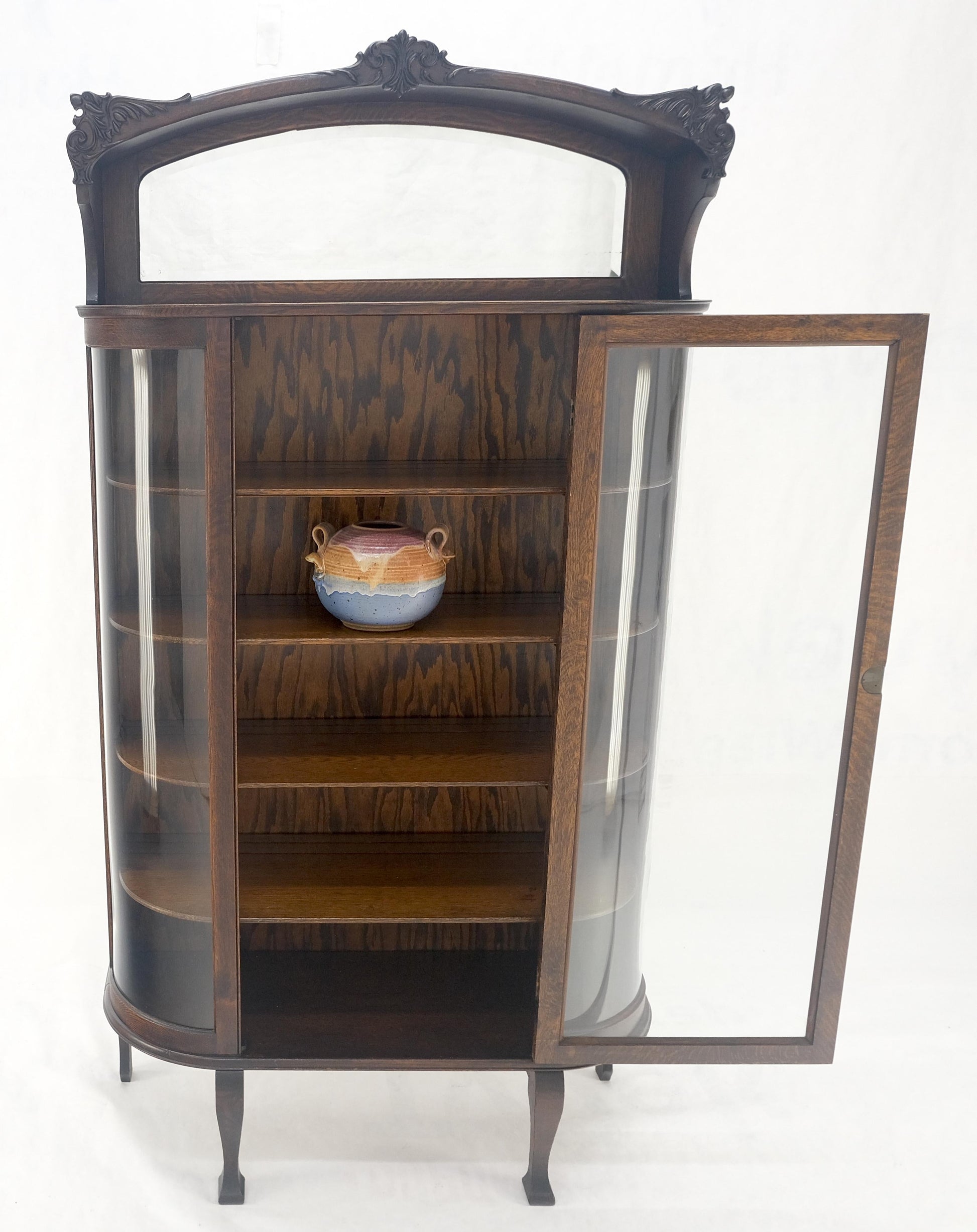 EstablishedLines Carved Oak Mirrored Gallery Top Curved Glass Display Curio Showcase Cabinet