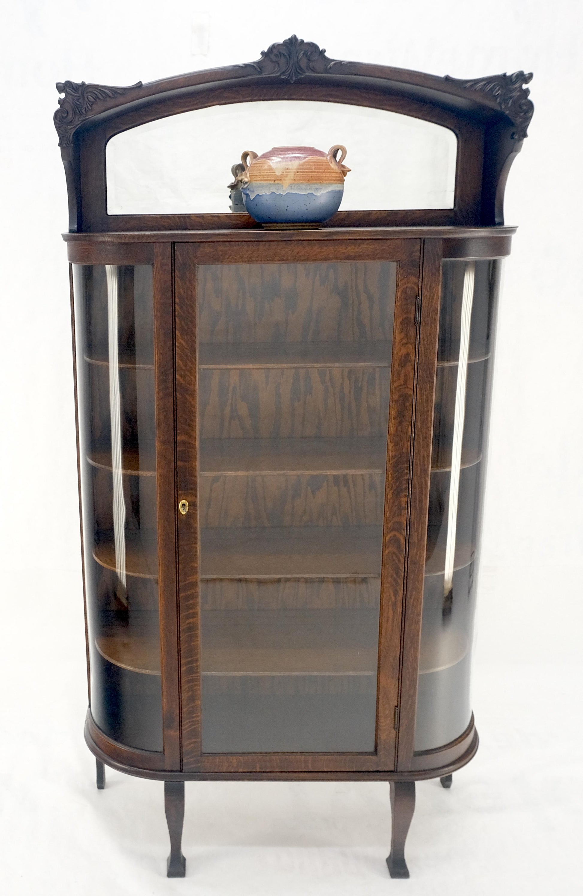 EstablishedLines Carved Oak Mirrored Gallery Top Curved Glass Display Curio Showcase Cabinet