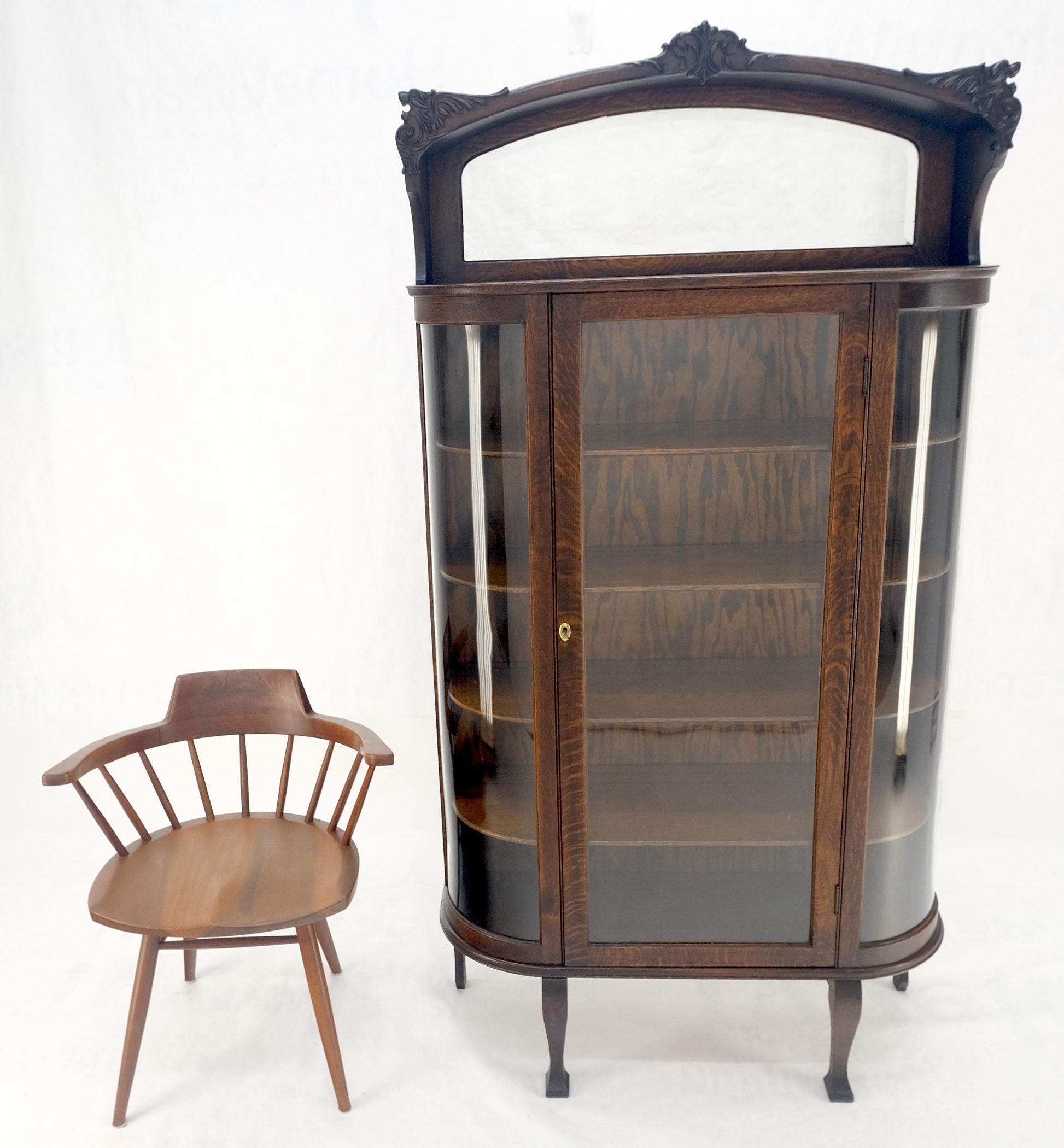 EstablishedLines Carved Oak Mirrored Gallery Top Curved Glass Display Curio Showcase Cabinet