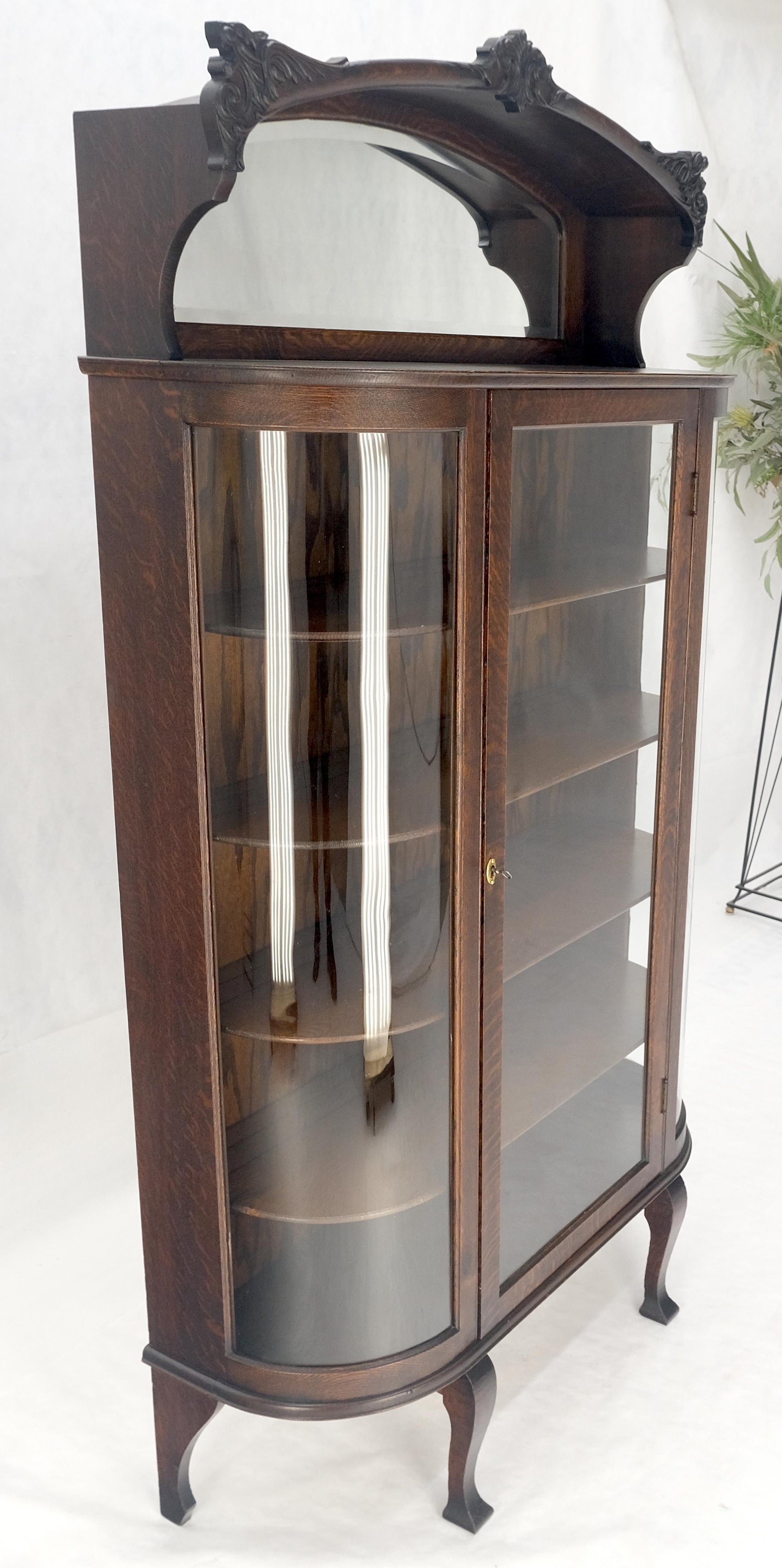 EstablishedLines Carved Oak Mirrored Gallery Top Curved Glass Display Curio Showcase Cabinet
