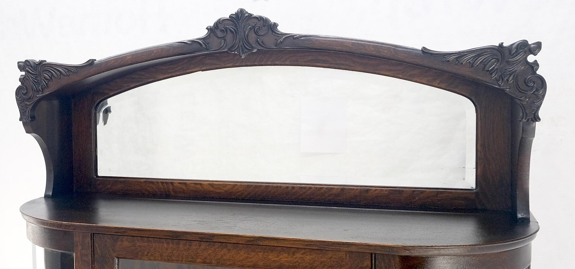 EstablishedLines Carved Oak Mirrored Gallery Top Curved Glass Display Curio Showcase Cabinet