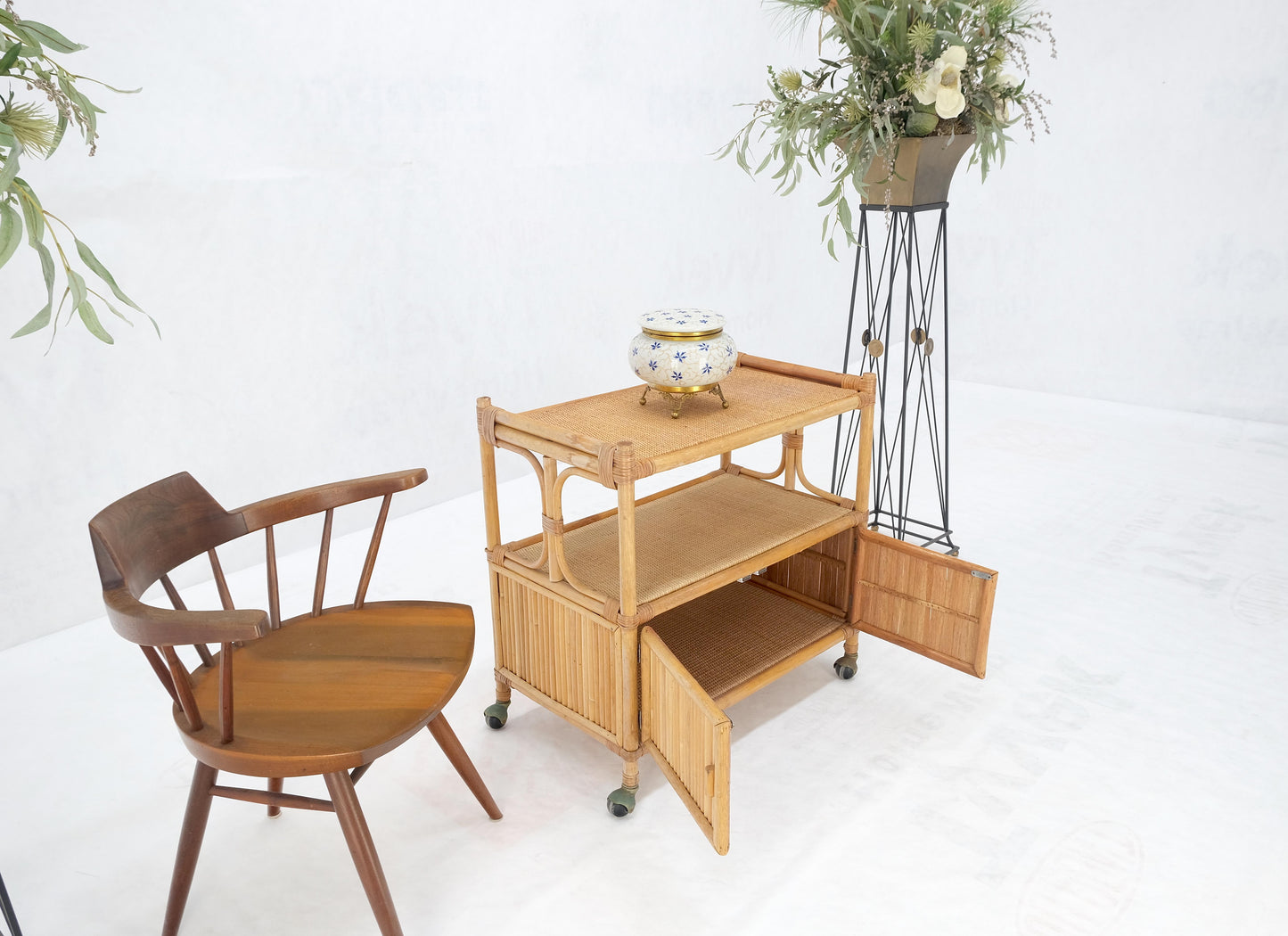 EstablishedLines Rattan Cane Bamboo Mid Century Modern Two Doors Compartment Rolling Bar Cart
