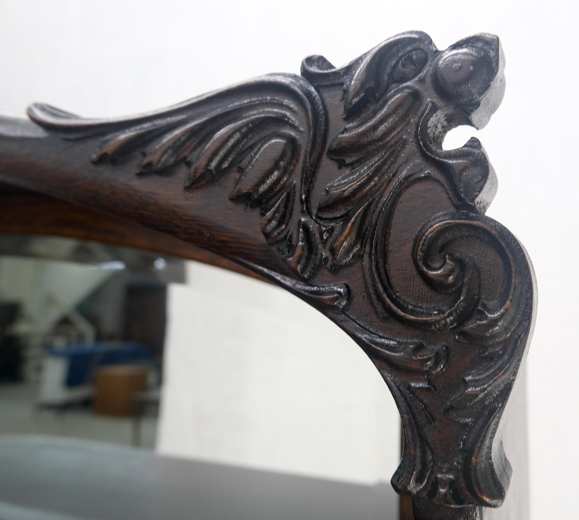 EstablishedLines Carved Oak Mirrored Gallery Top Curved Glass Display Curio Showcase Cabinet