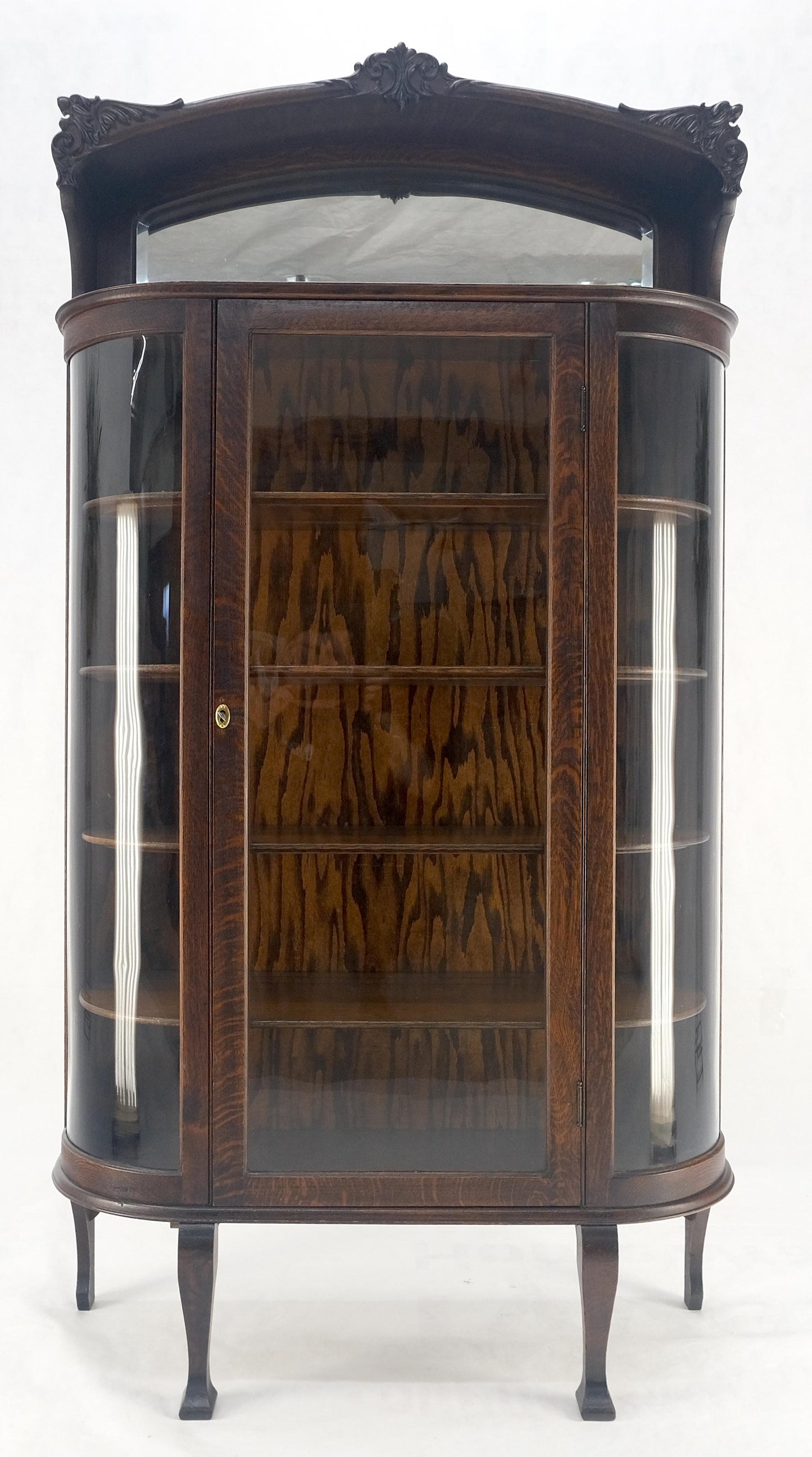 Carved Oak Mirrored Gallery Top Curved Glass Display Curio Showcase Cabinet
