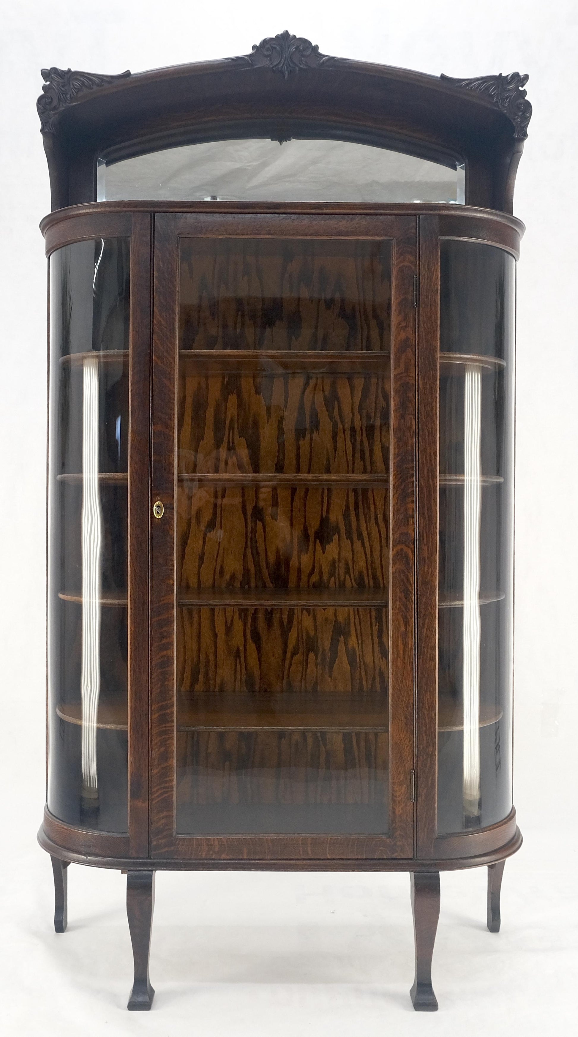EstablishedLines Carved Oak Mirrored Gallery Top Curved Glass Display Curio Showcase Cabinet