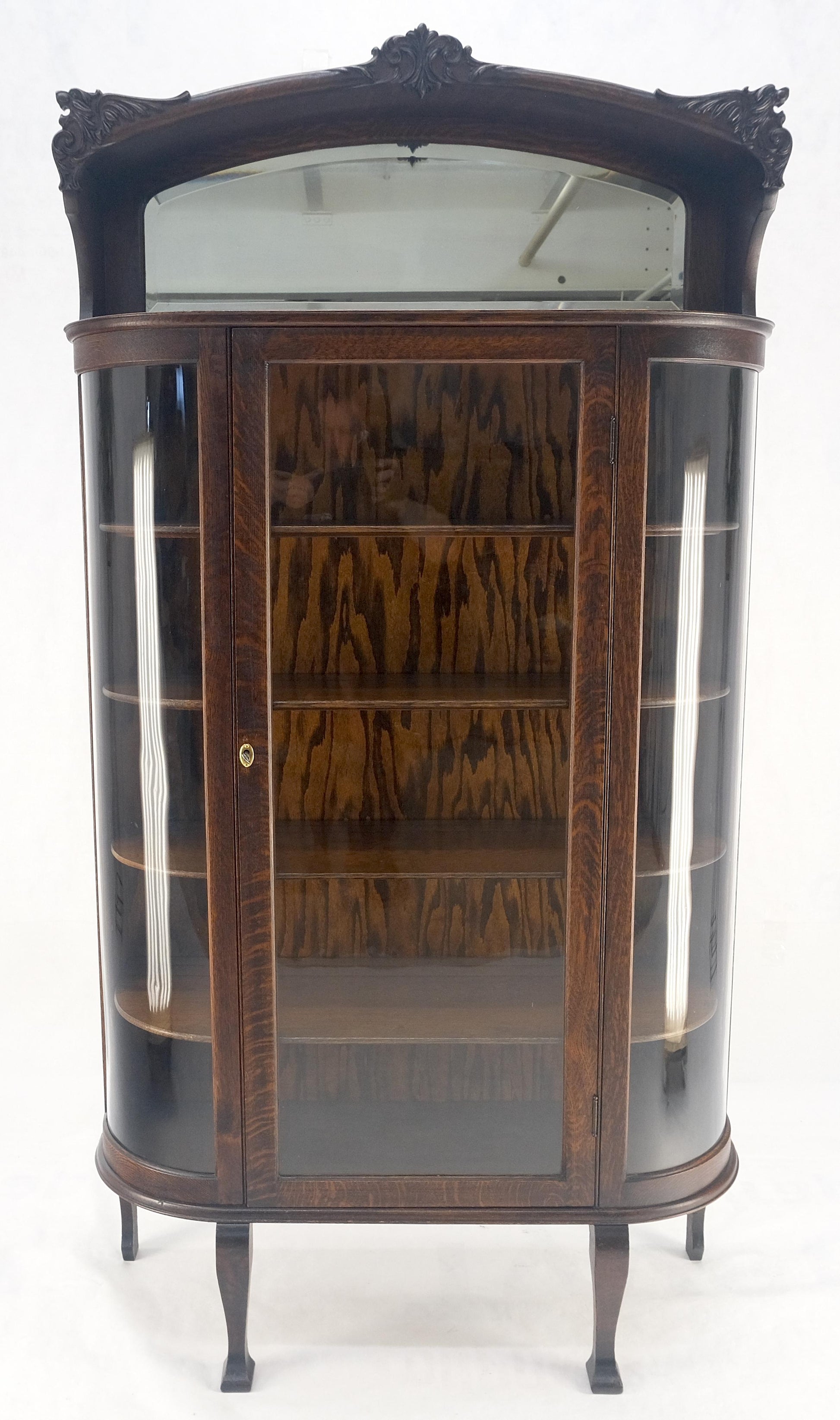 EstablishedLines Carved Oak Mirrored Gallery Top Curved Glass Display Curio Showcase Cabinet
