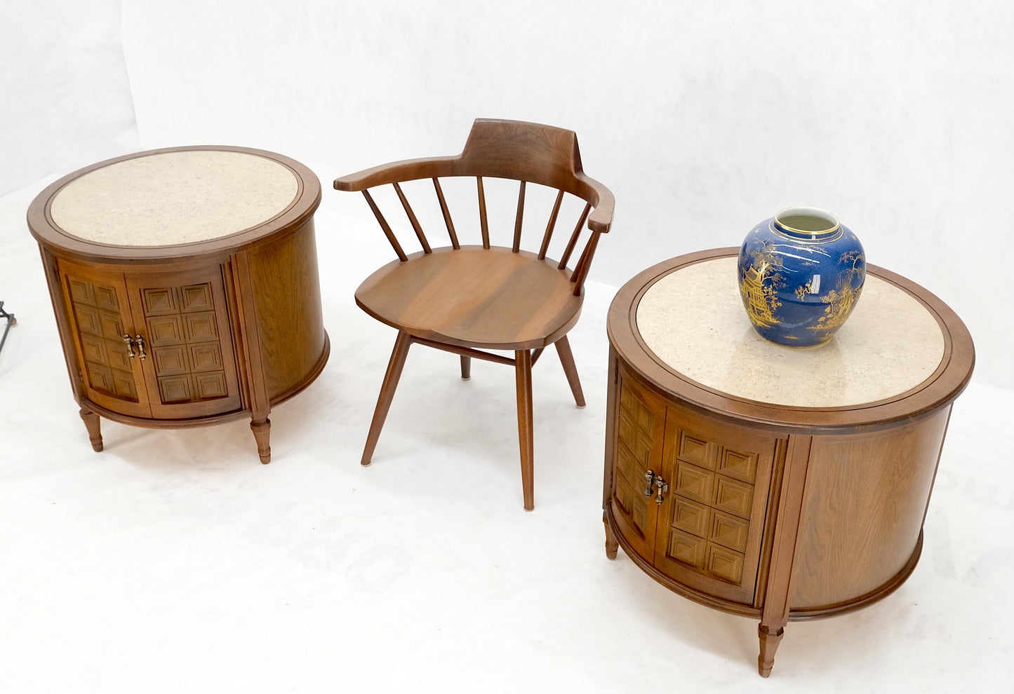 EstablishedLines Pair Round Drum Barrel Shape Travertine Top Two Doors End Side Tables Stand Mint
