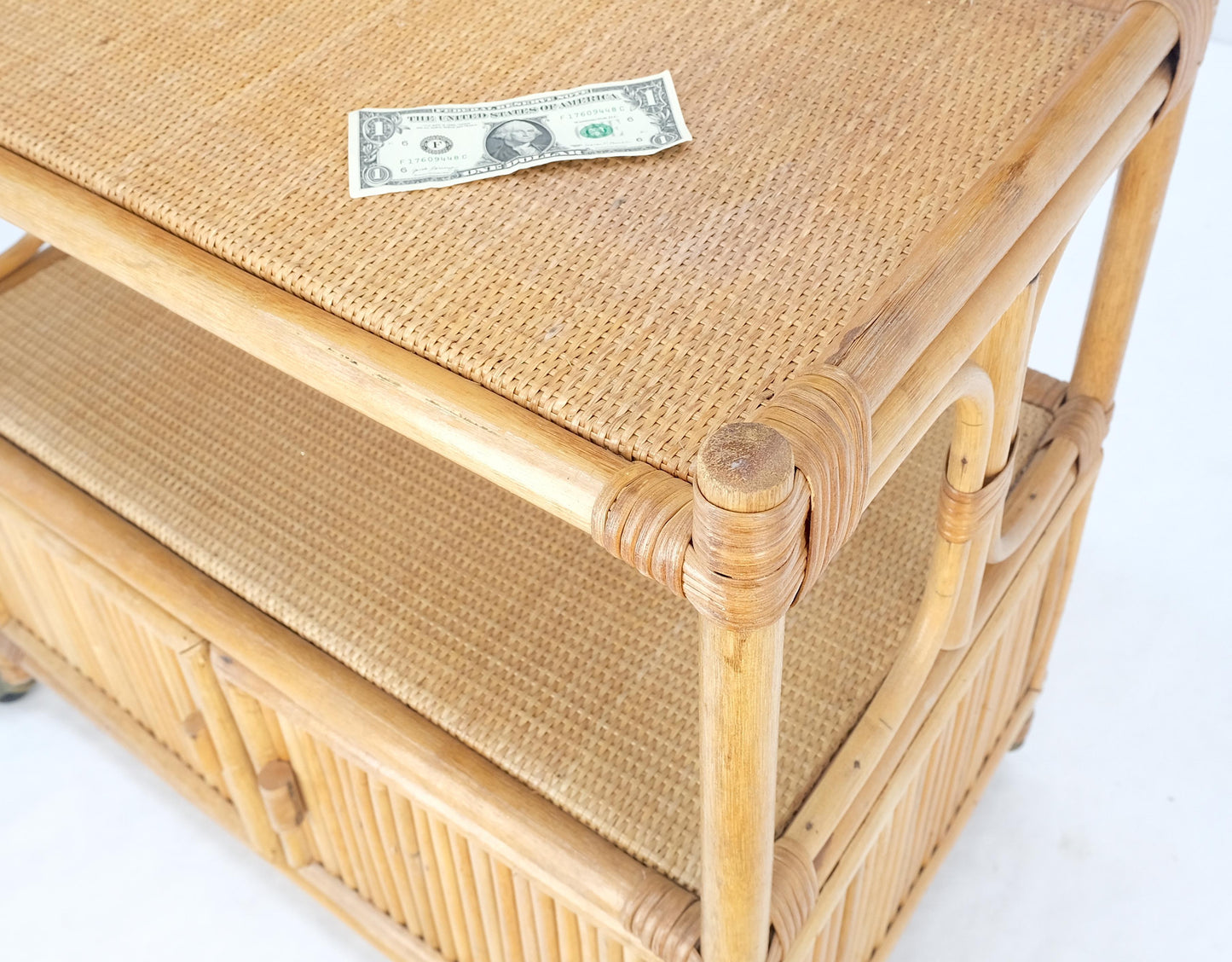 EstablishedLines Rattan Cane Bamboo Mid Century Modern Two Doors Compartment Rolling Bar Cart