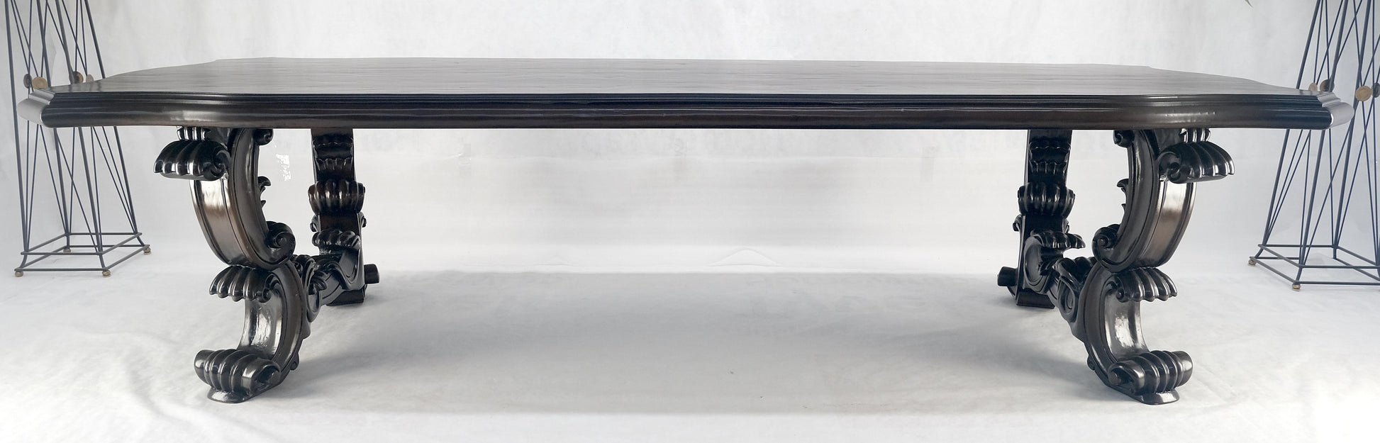 EstablishedLines Large 10' Long Heavily Carved Base Scroll Shape Thick Top Dining Table MINT