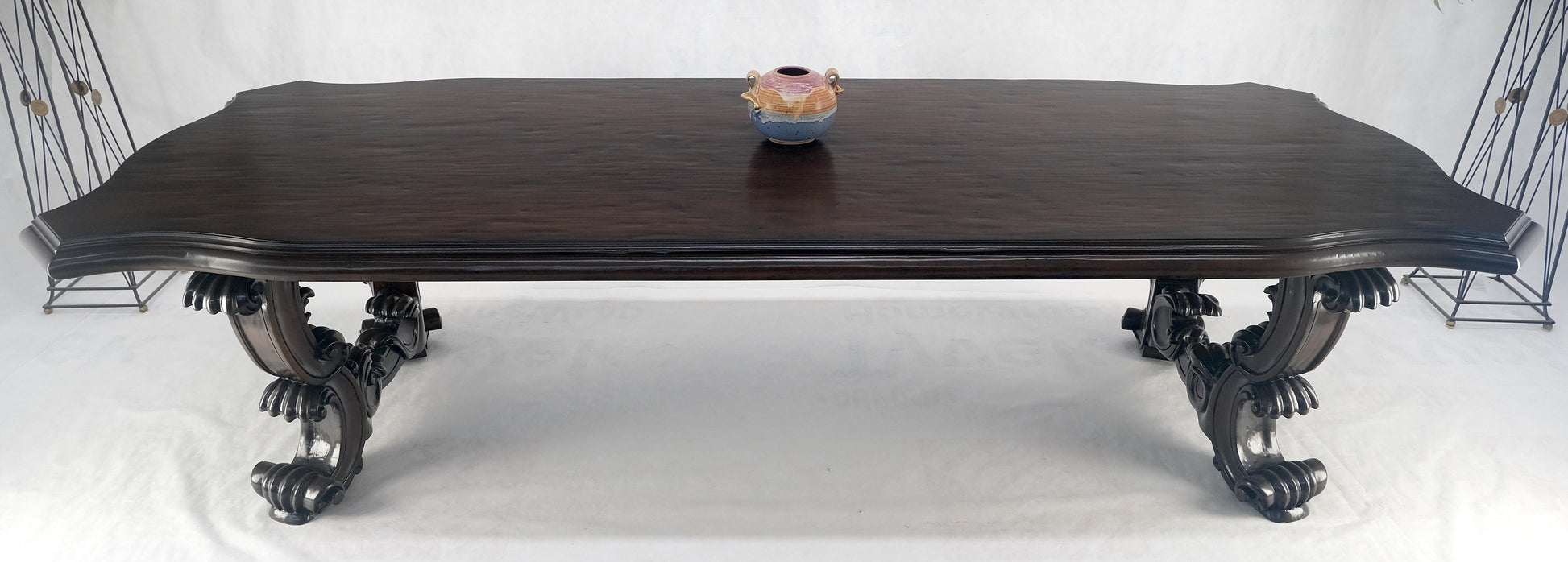 EstablishedLines Large 10' Long Heavily Carved Base Scroll Shape Thick Top Dining Table MINT