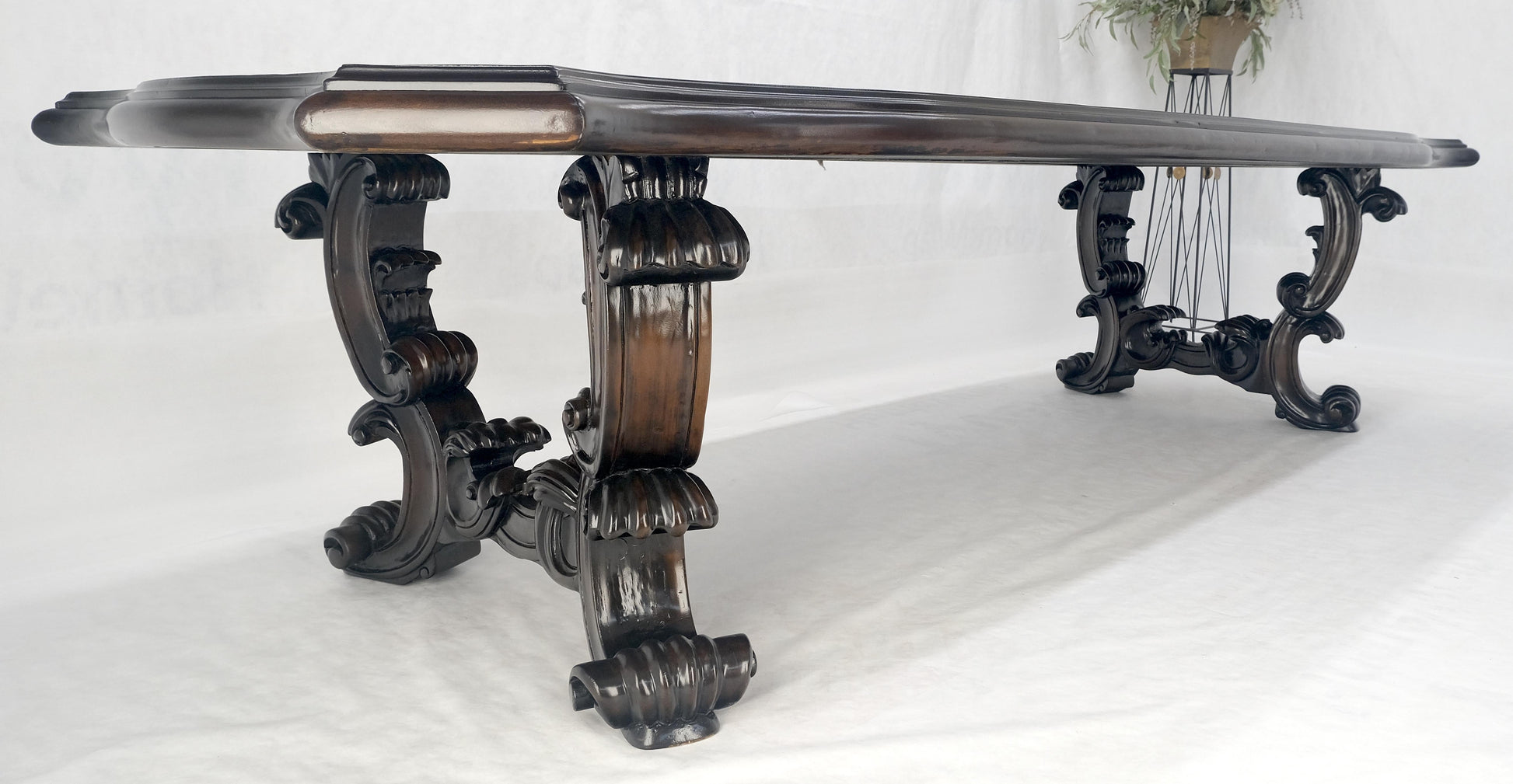 EstablishedLines Large 10' Long Heavily Carved Base Scroll Shape Thick Top Dining Table MINT
