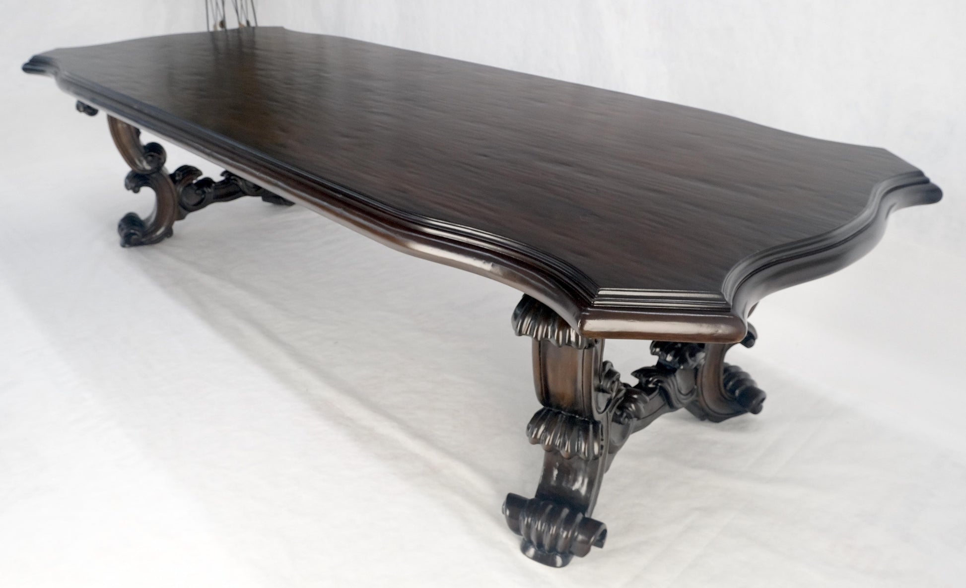 EstablishedLines Large 10' Long Heavily Carved Base Scroll Shape Thick Top Dining Table MINT