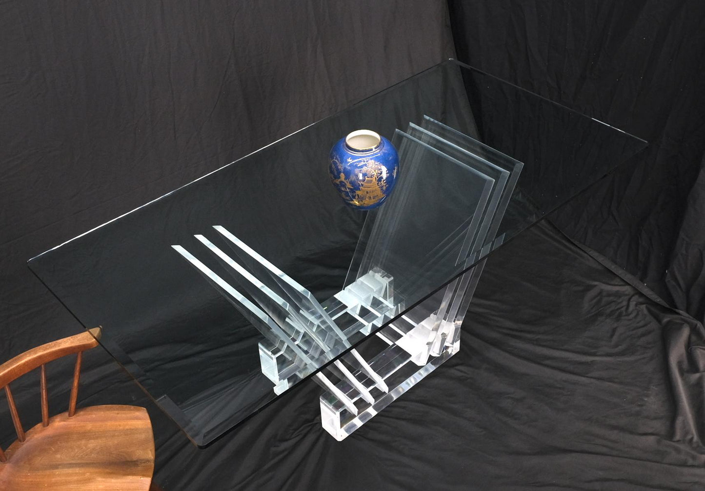 EstablishedLines Folding Collapsible Lucite Base Glass Top Mid-Century Modern Dining Table