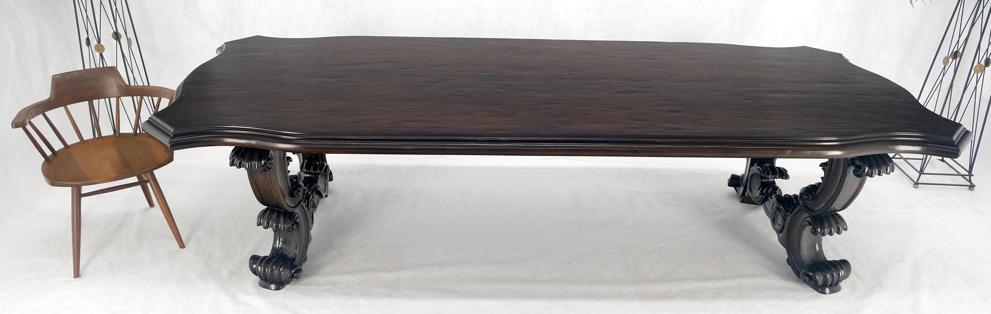 EstablishedLines Large 10' Long Heavily Carved Base Scroll Shape Thick Top Dining Table MINT