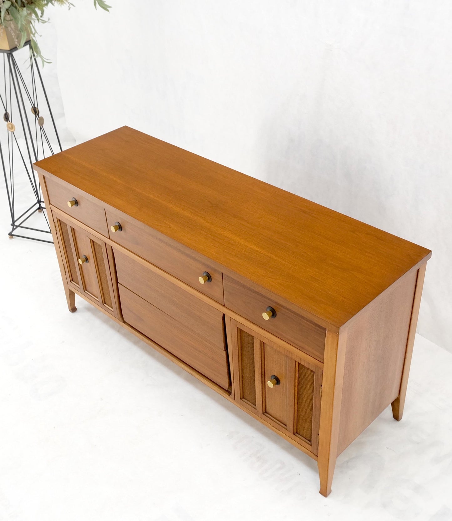 EstablishedLines American Walnut Dresser Credenza 4 Drawers Two Door Compartment Brass Pulls MINT