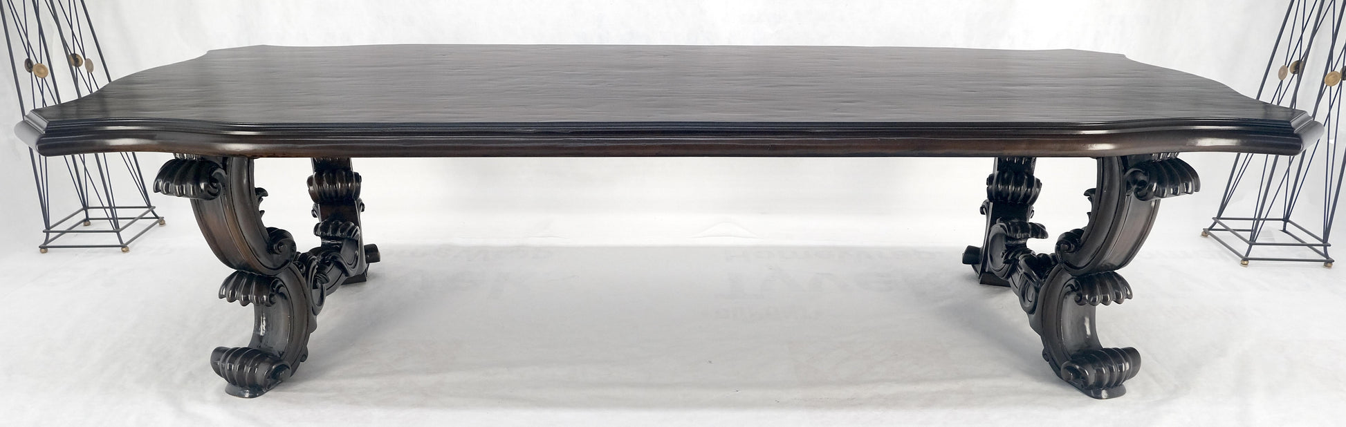 EstablishedLines Large 10' Long Heavily Carved Base Scroll Shape Thick Top Dining Table MINT