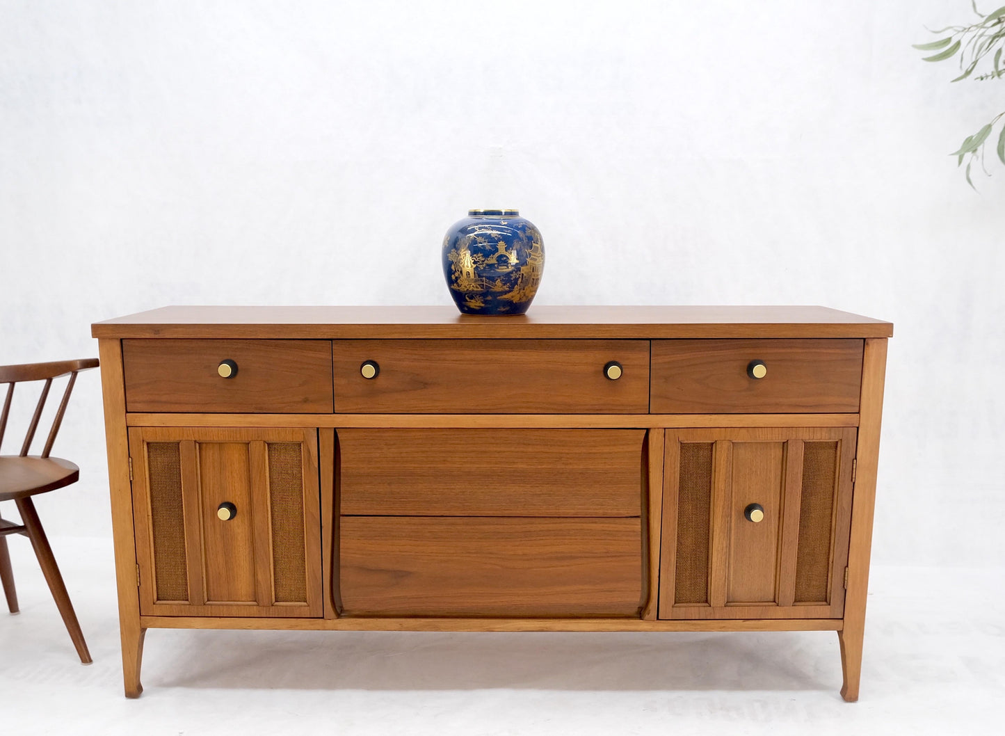 EstablishedLines American Walnut Dresser Credenza 4 Drawers Two Door Compartment Brass Pulls MINT