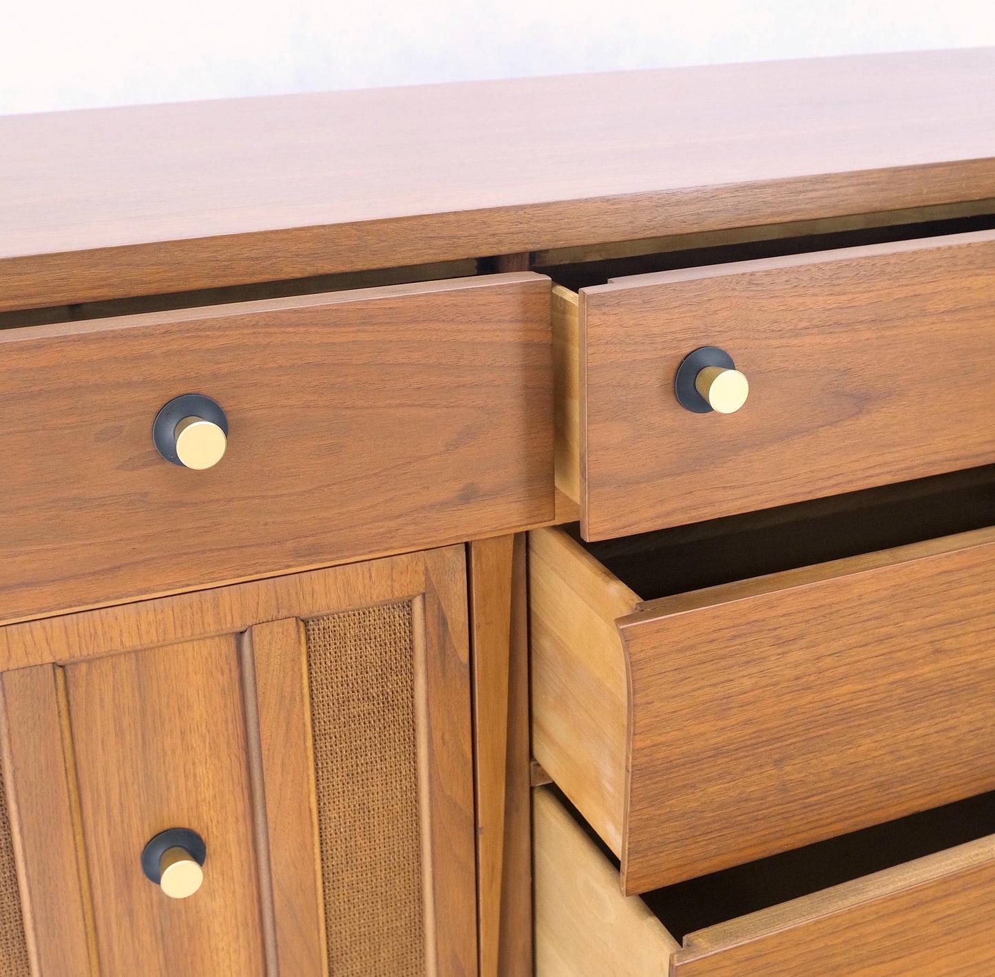 EstablishedLines American Walnut Dresser Credenza 4 Drawers Two Door Compartment Brass Pulls MINT
