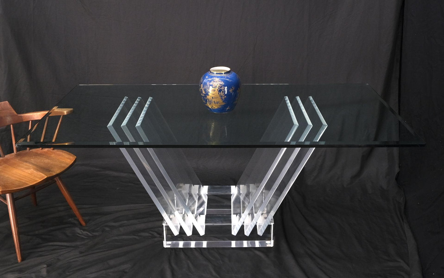 EstablishedLines Folding Collapsible Lucite Base Glass Top Mid-Century Modern Dining Table